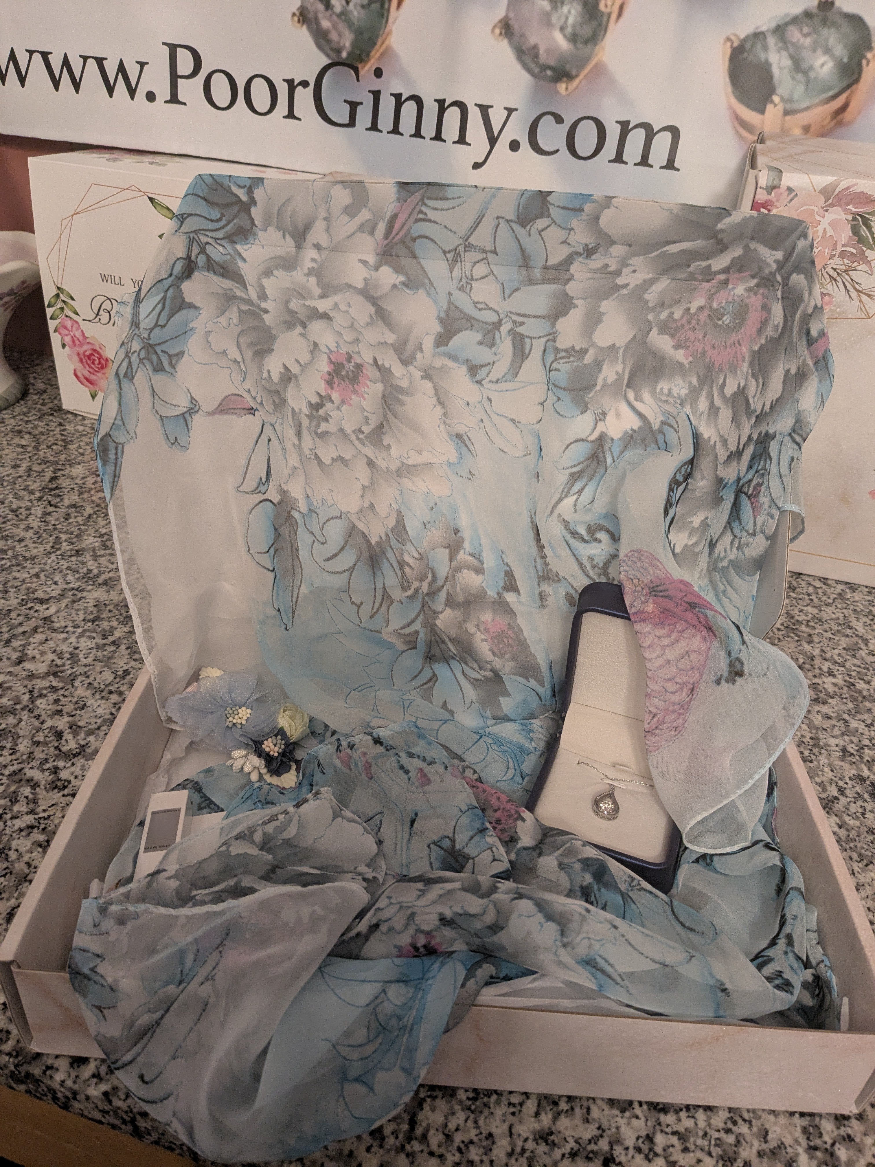 Blue Scarf with Flowers, Hair Clip, 1ct Necklace, Perfume Sample - Bundle A