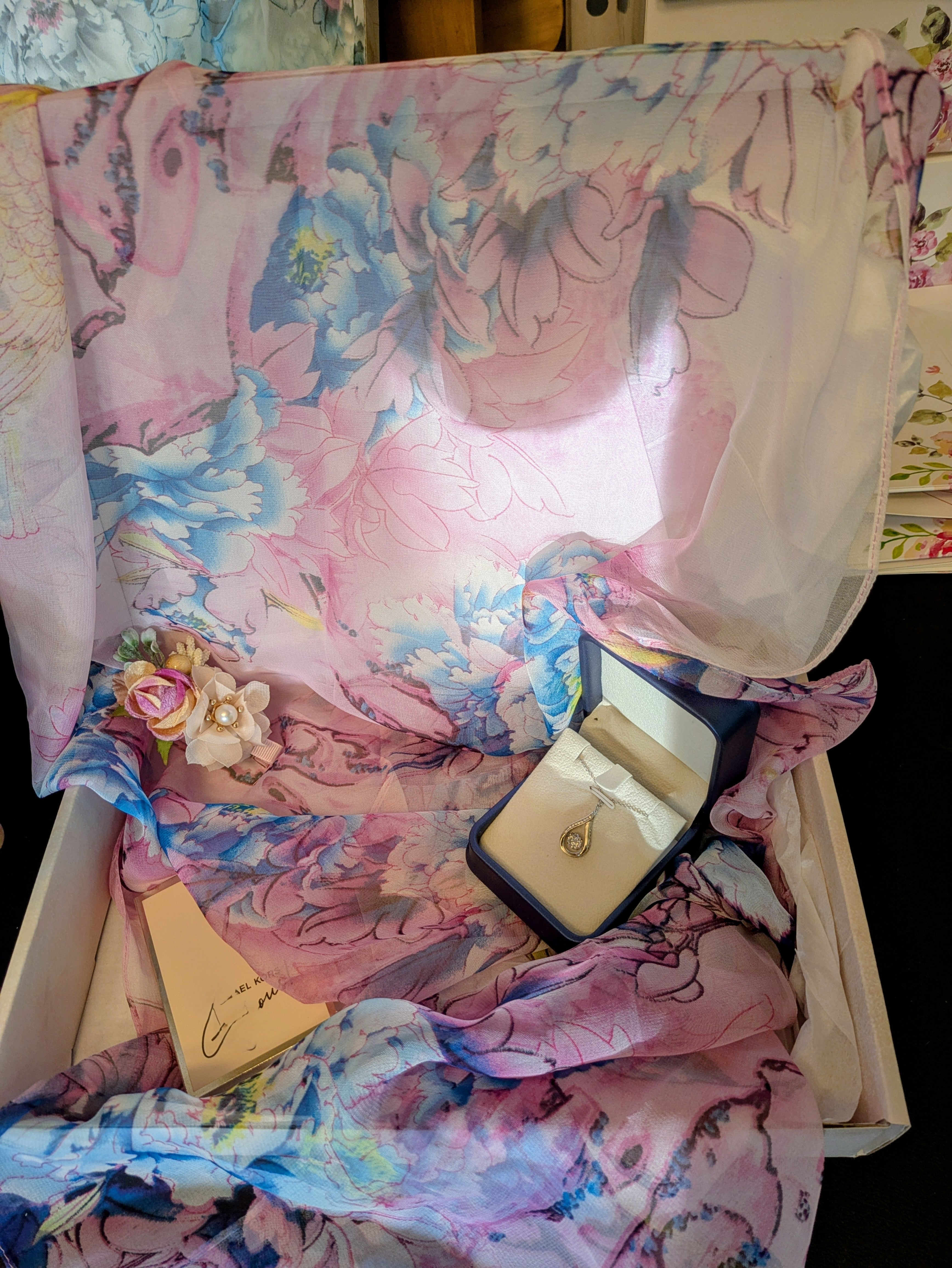 Pink Scarf with Blue Peonies, Hair Clip, 1ct Necklace, Perfume Sample - Bundle B