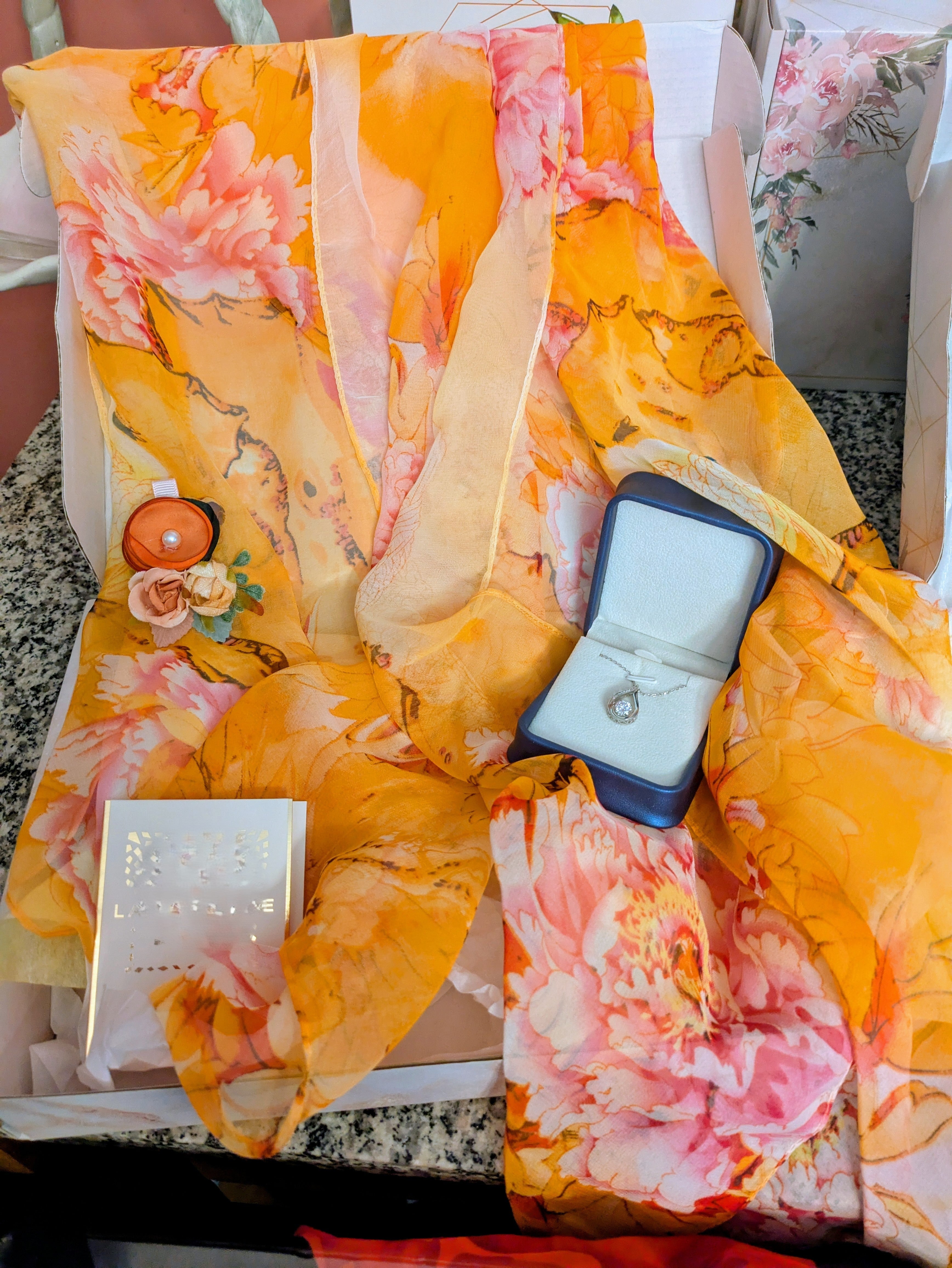 Orange Scarf with Flowers, Hair Clip, 1ct Necklace, Perfume Sample - Bundle C