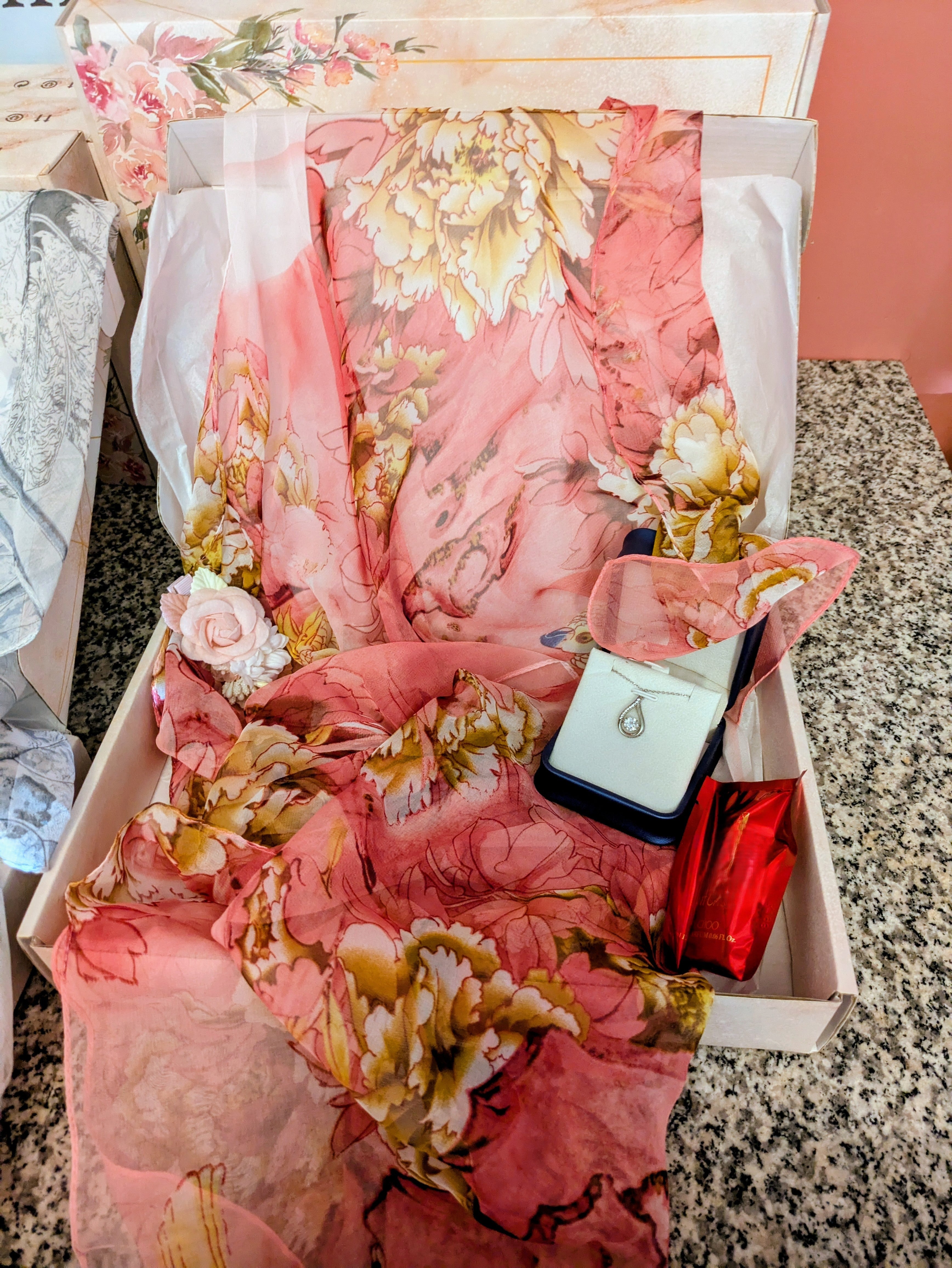 Pink Scarf with Tan/Brown flowers and fish, Hair Clip, 1ct Necklace, Perfume Sample - Bundle D