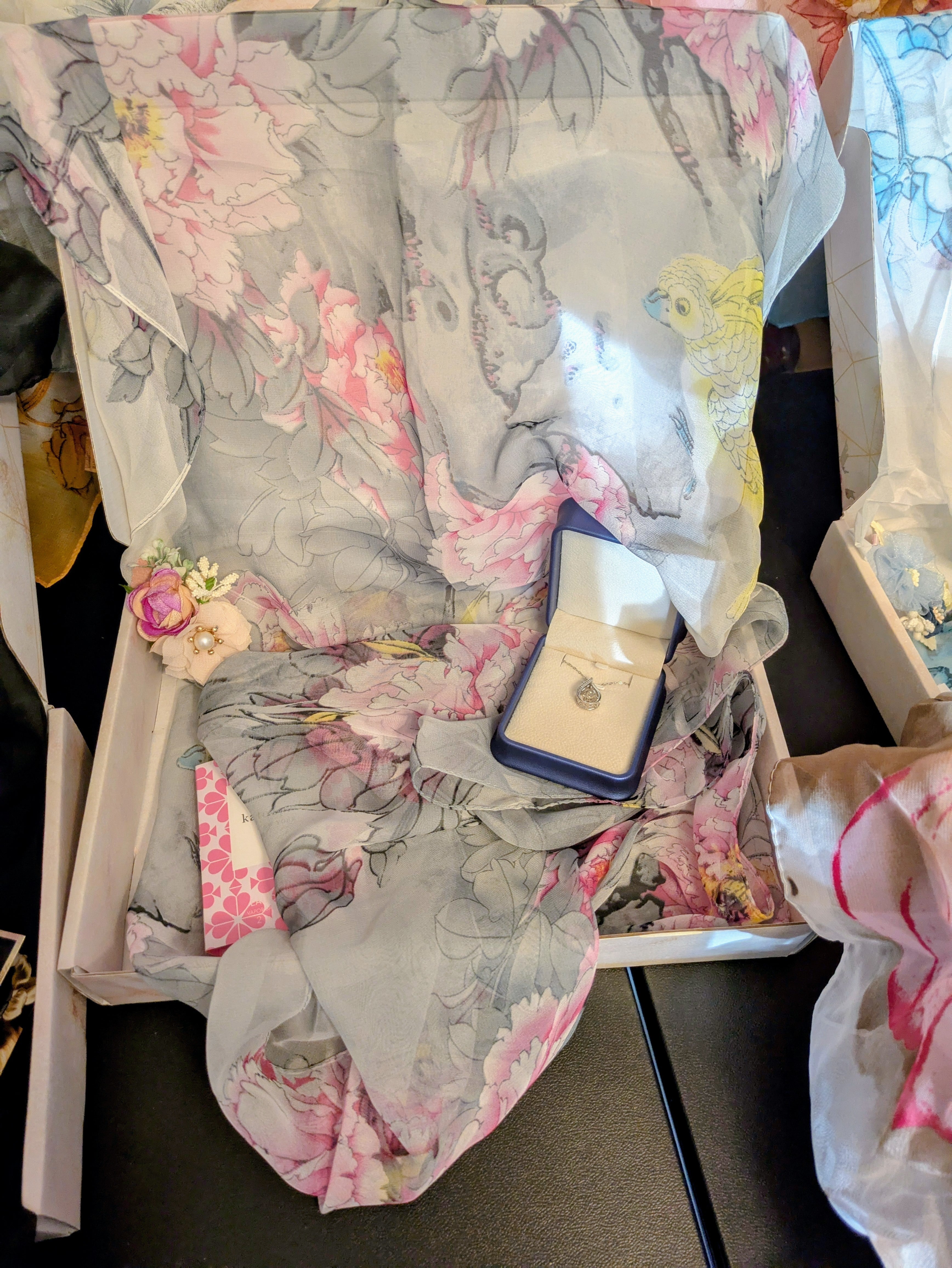 Gray Scarf with Pink Peonies, Hair Clip, 1ct Necklace, Perfume Sample - Bundle E