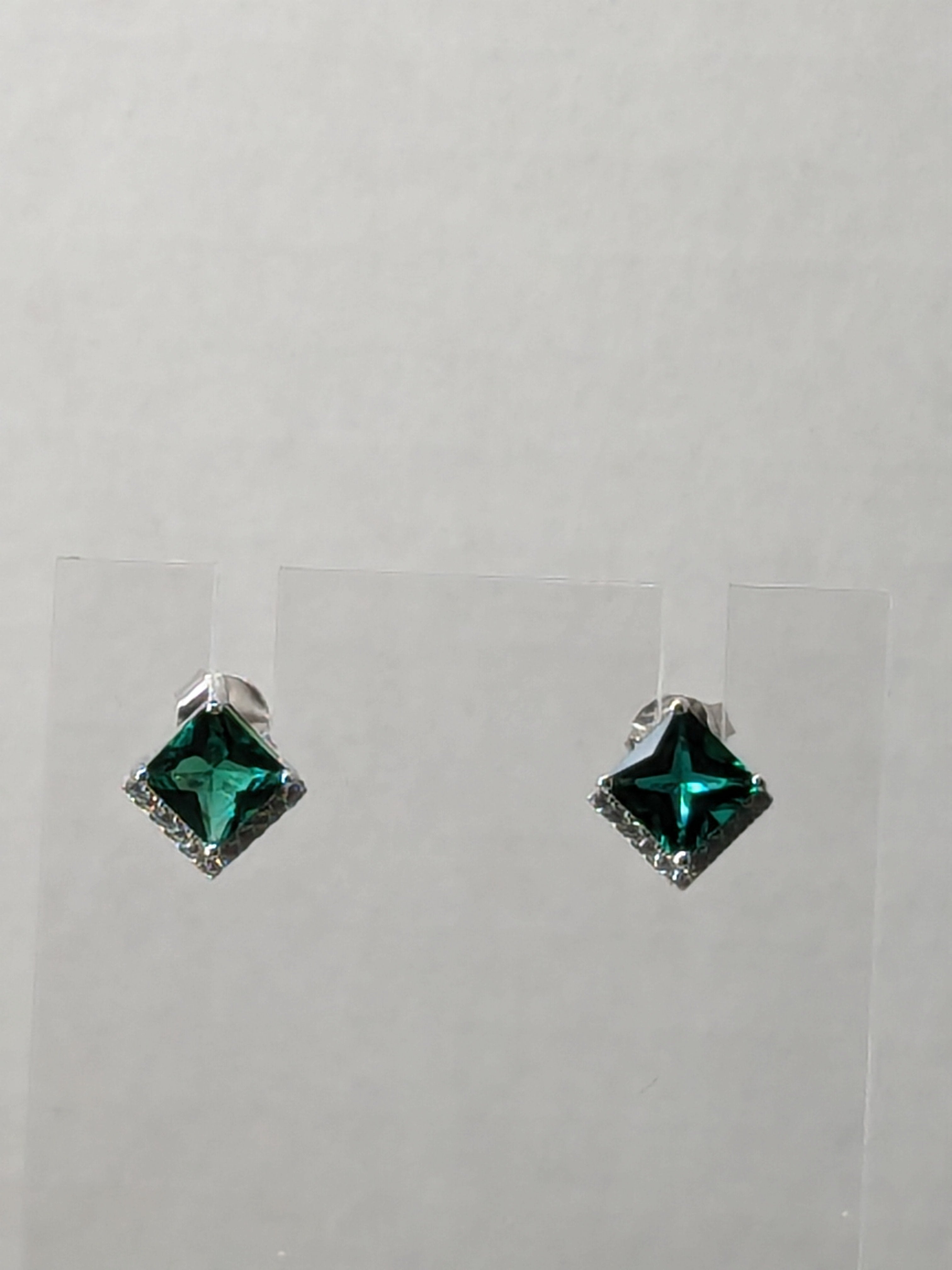 Square Cushion Cut Genuine Emerald Stud Earrings with Zircon Gemstone Accents choice of 2 sizes