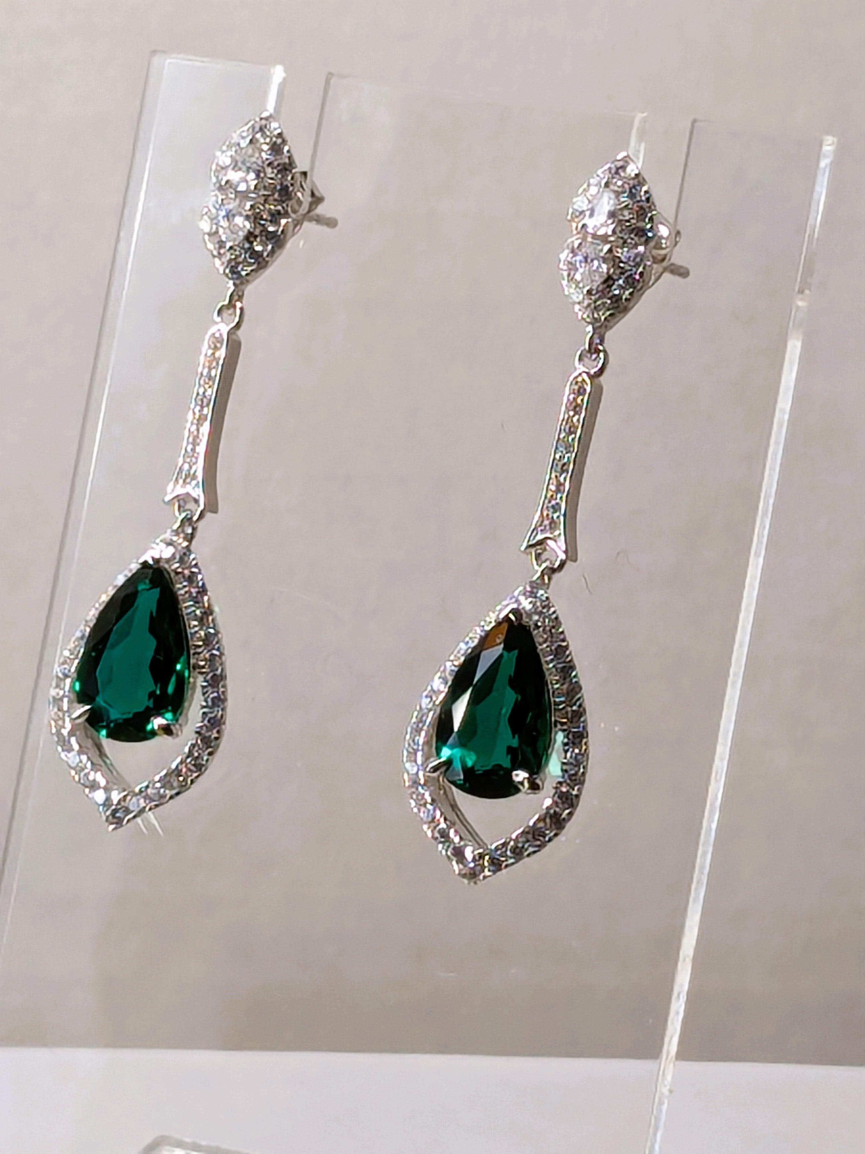 Genuine Emerald Long Dangle Drop Earrings with Zircon Gemstone Halo 3.4cttw