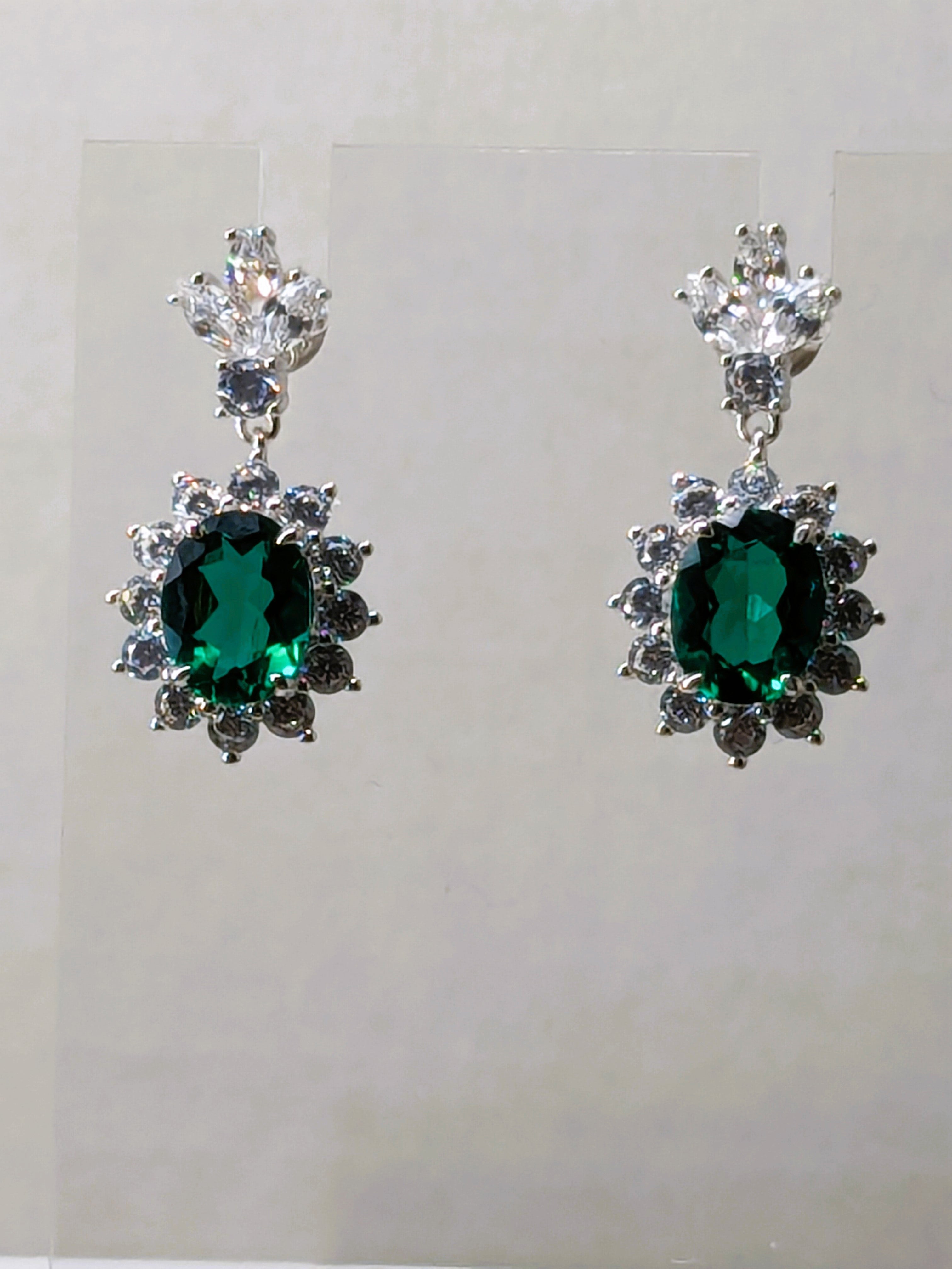 Genuine Emerald Drop earrings with Starburst Halo and Triple Zircon Gemstone Stud 3.25cttw