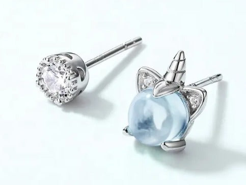 Sky Blue Topaz and Zircon Asymmetry Stud Earrings - Unicorn and stud