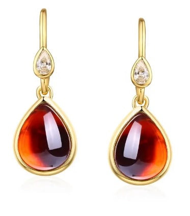 Garnet Pear Shaped Cabochon Bohemian Style Short Dangle Earrings