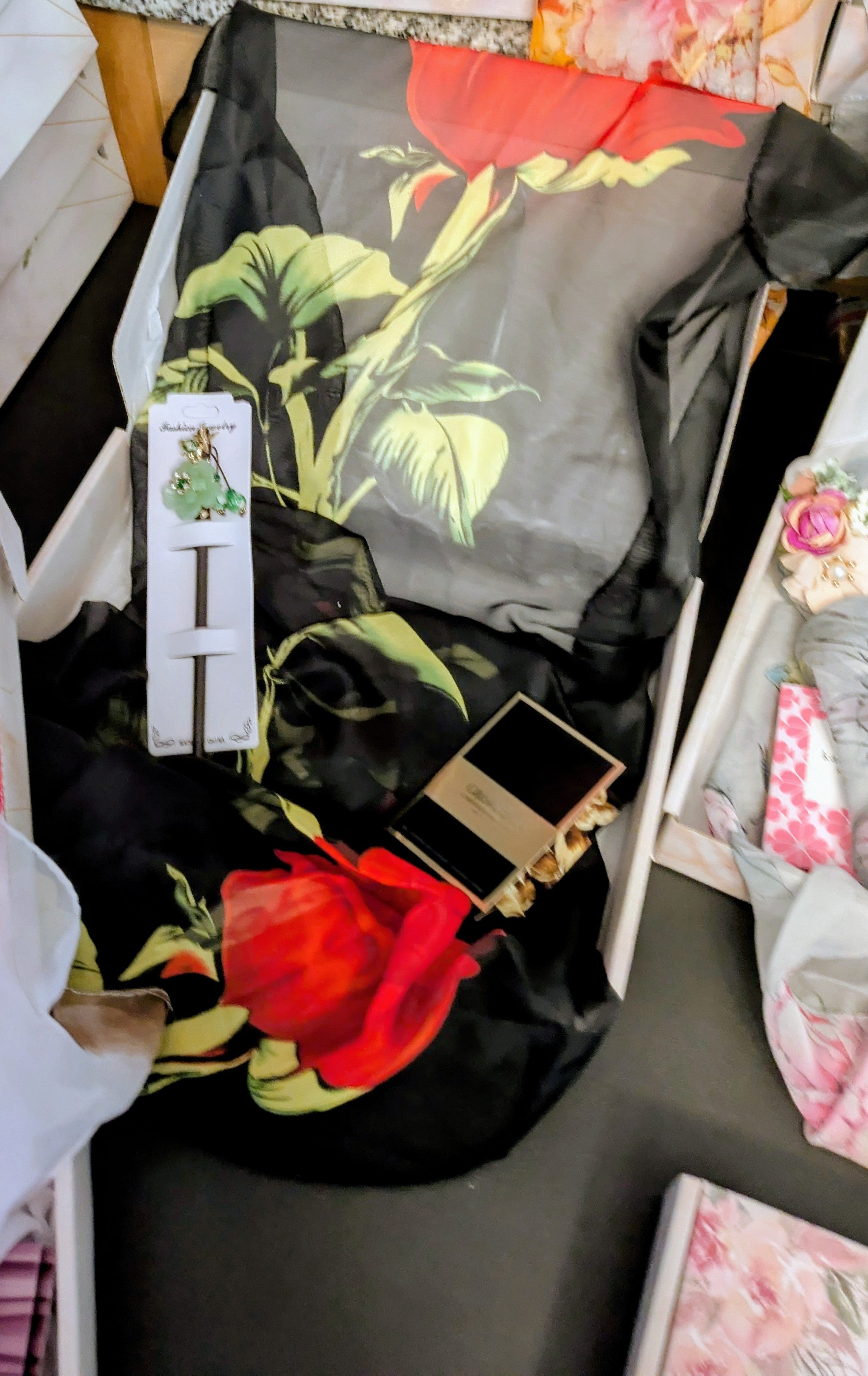 Black Scarf with Red Rose Flower, Hair Pik, Perfume Sample - Bundle Z