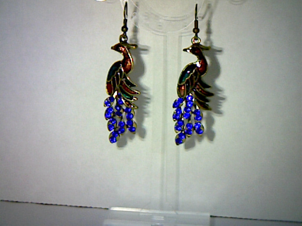 Cloisonne and Blue Crystal Peacock Dangle Earrings