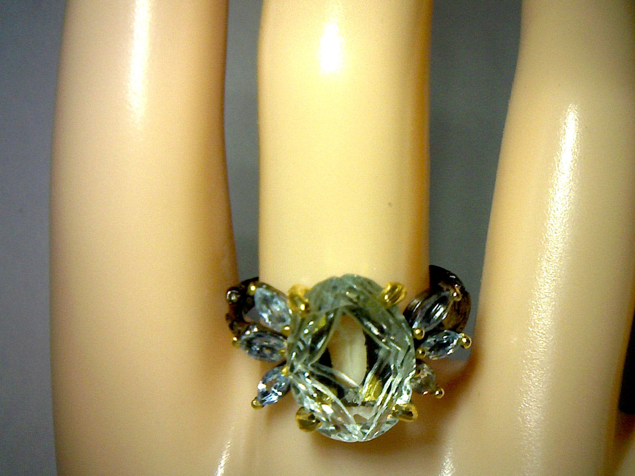 6 Carat Natural Green Amethyst (Prasiolite) Cocktail Ring with Blue Topaz Accents