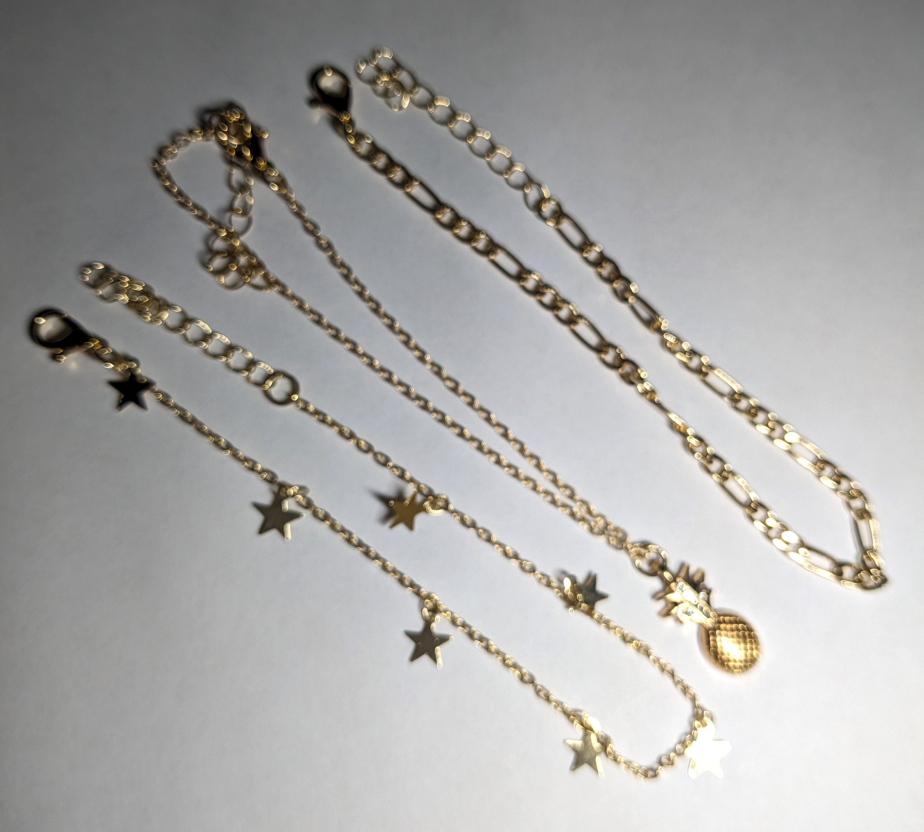 3 Piece Gold Anklet Set - Stars - Pineapple- Plain Chain