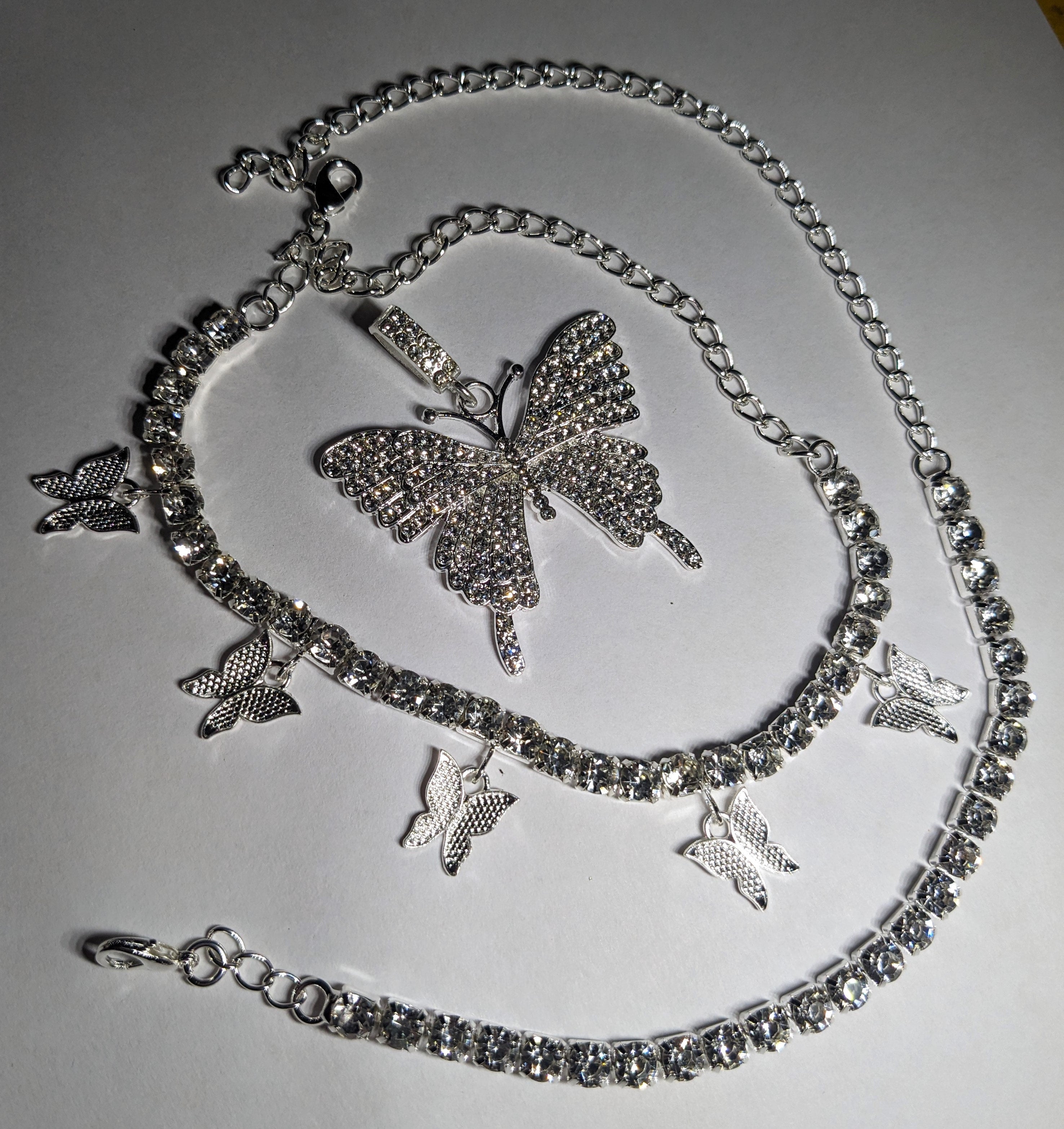 3 pc Rhinestone Butterfly Anklet Set with Rhinestone Charm