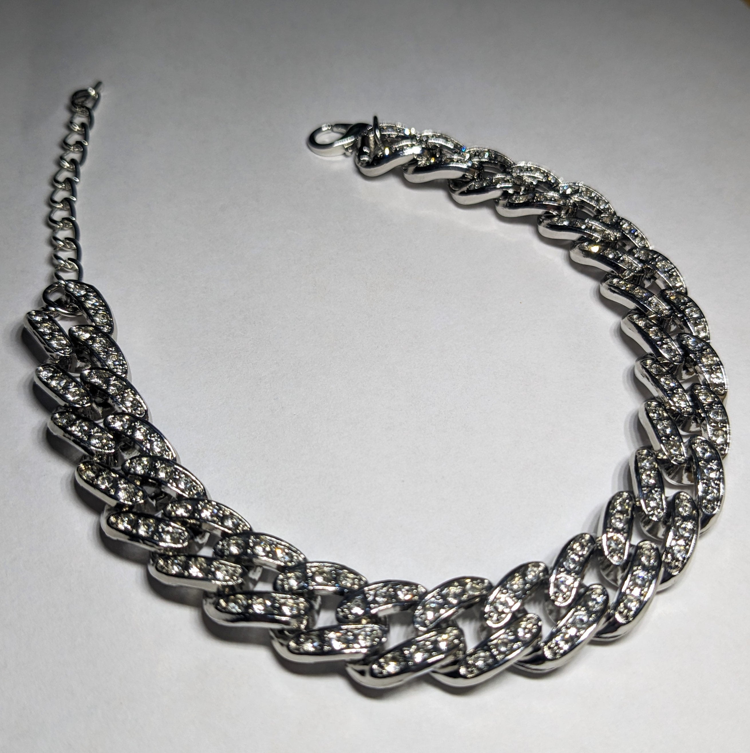 Cuban Chain Link Anklet in Silver Studded with Rhinestones
