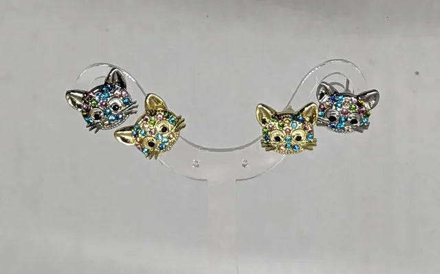 Cat/Kitten Multi-color Crystal Post Earrings choice silver or gold