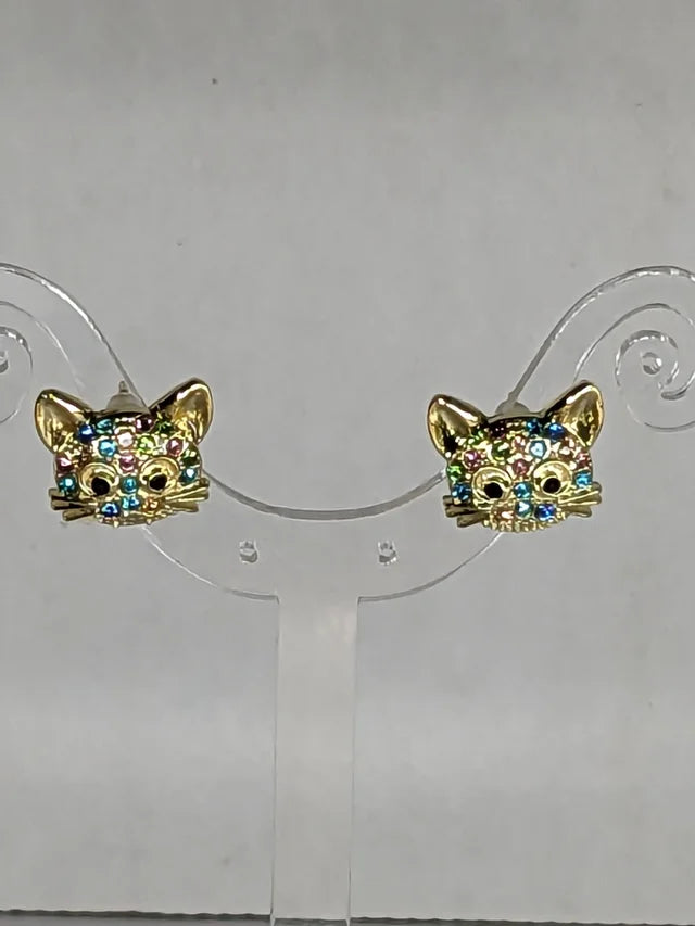Cat/Kitten Multi-color Crystal Post Earrings choice silver or gold