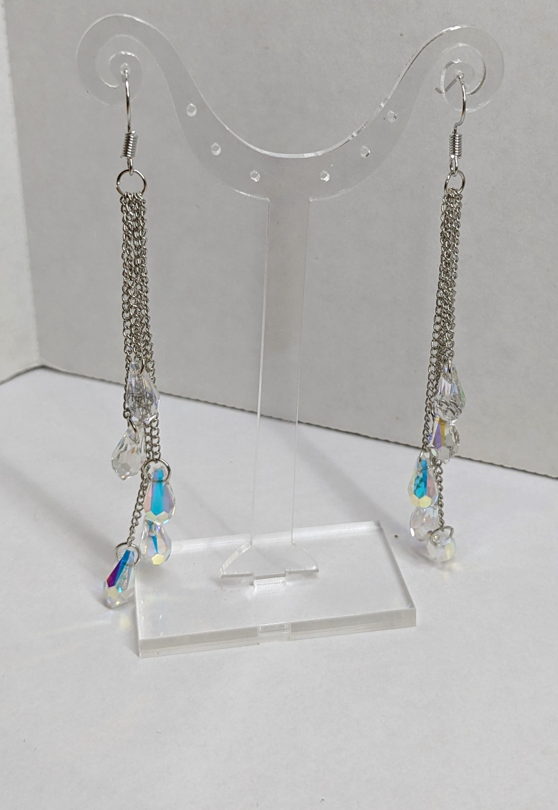 Crystal Faceted Multiple Prism Long Dangle Fashion Pierced Earrings