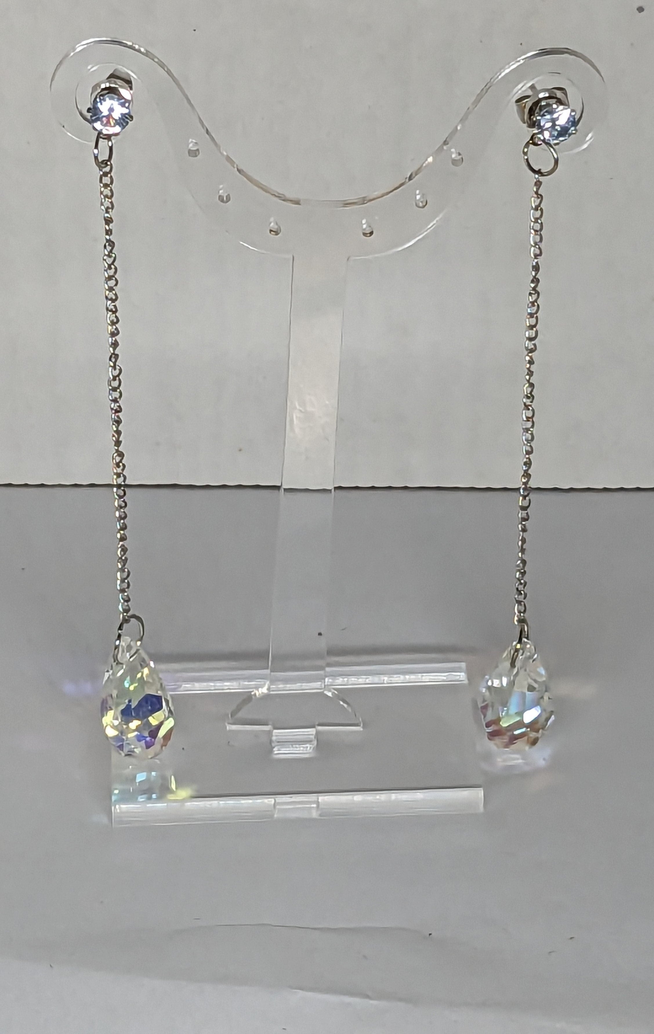4 inch long Silver Dangle Fashion Earrings with Genuine Zircon Gemstone Faceted Prism and Stud