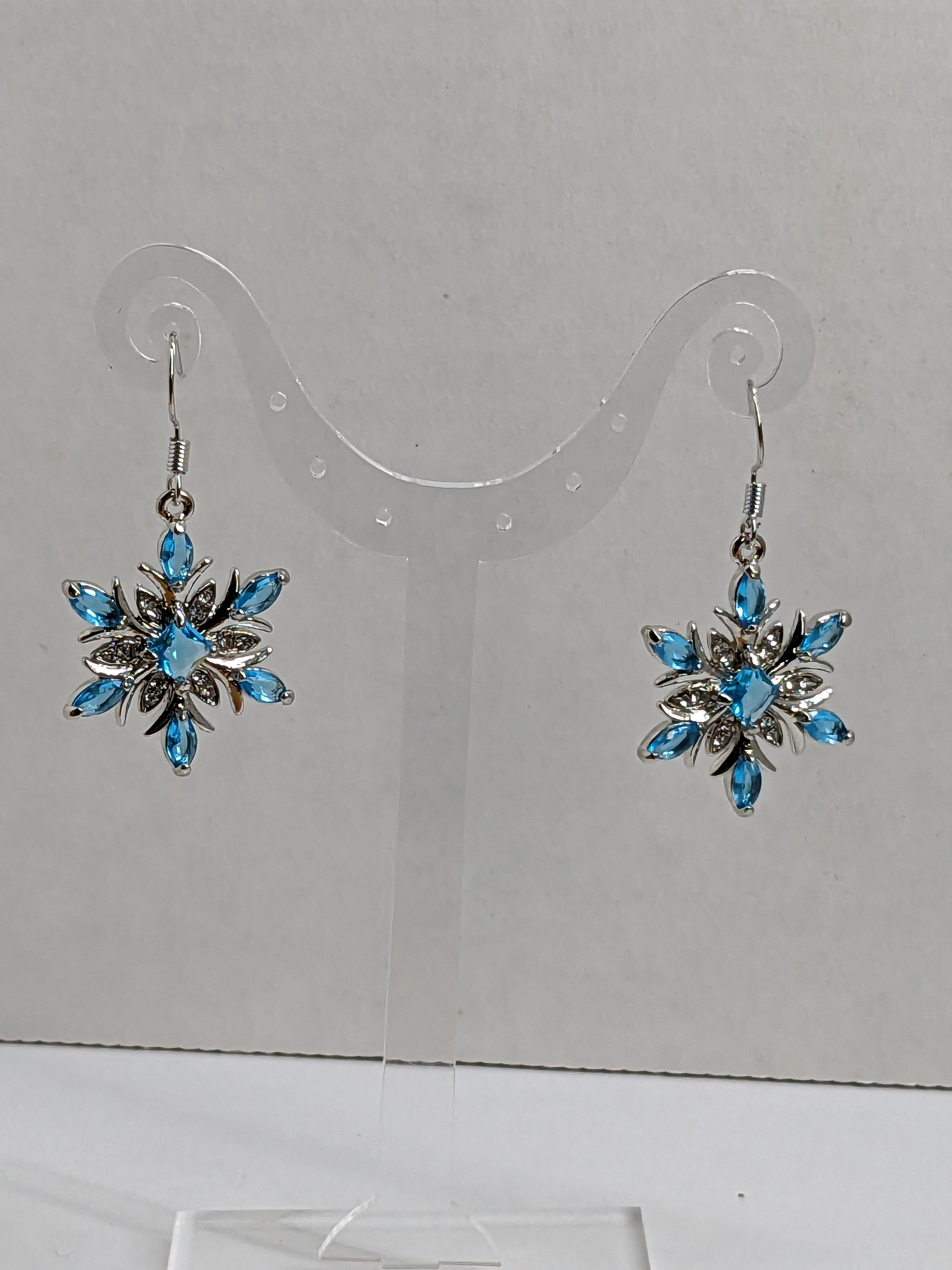 Blue Crystal Snowflake Christmas Holiday Earrings