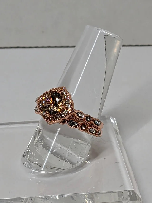 Bridal Rose Gold Peach Champaign 2 pc wedding ring set 3ct CZ