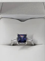 Classic Square Princess Cut 3.5ct Tanzanite Ring with triangular Zircon side accents