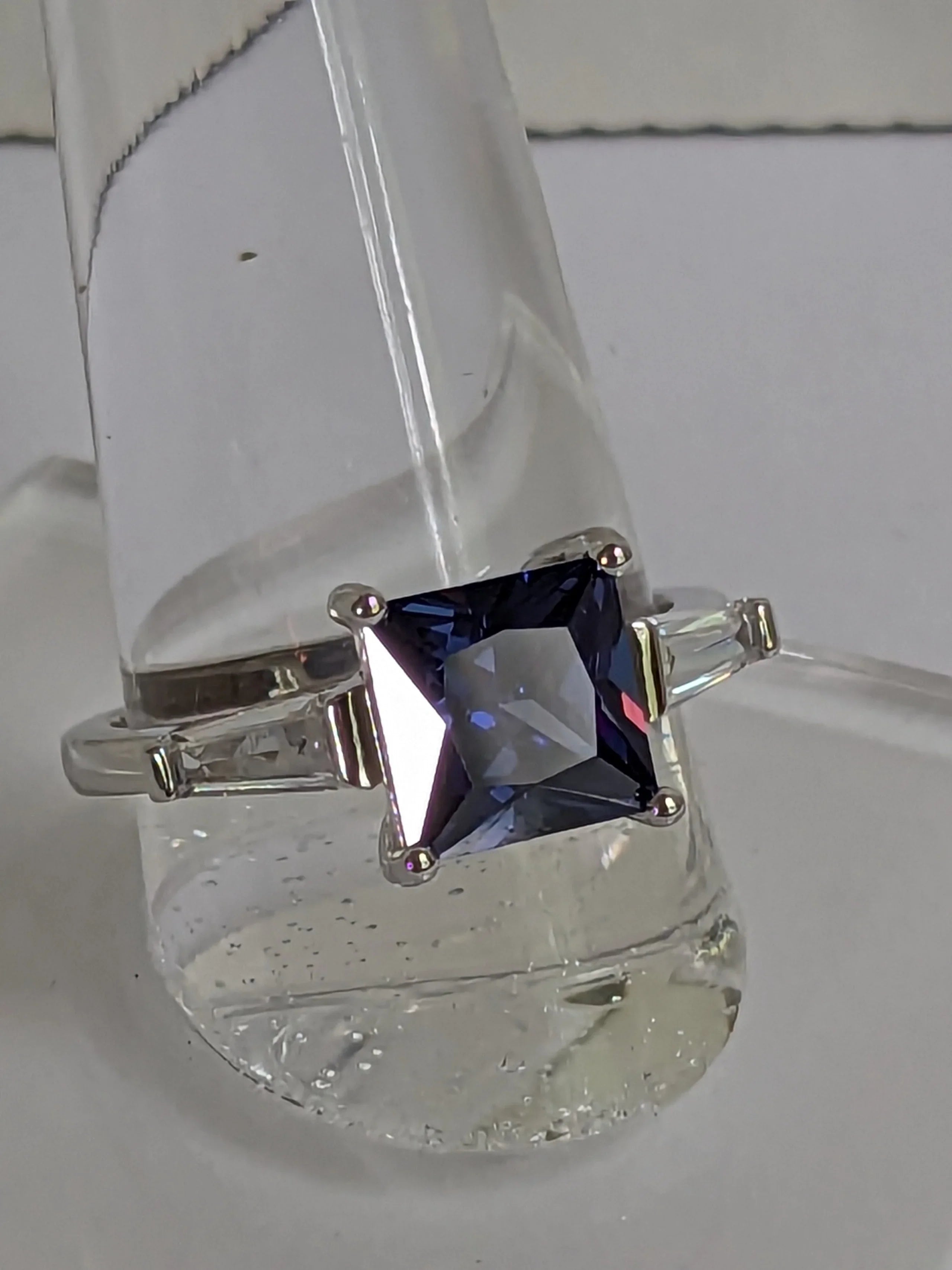 Classic Square Princess Cut 3.5ct Tanzanite Ring with triangular Zircon side accents