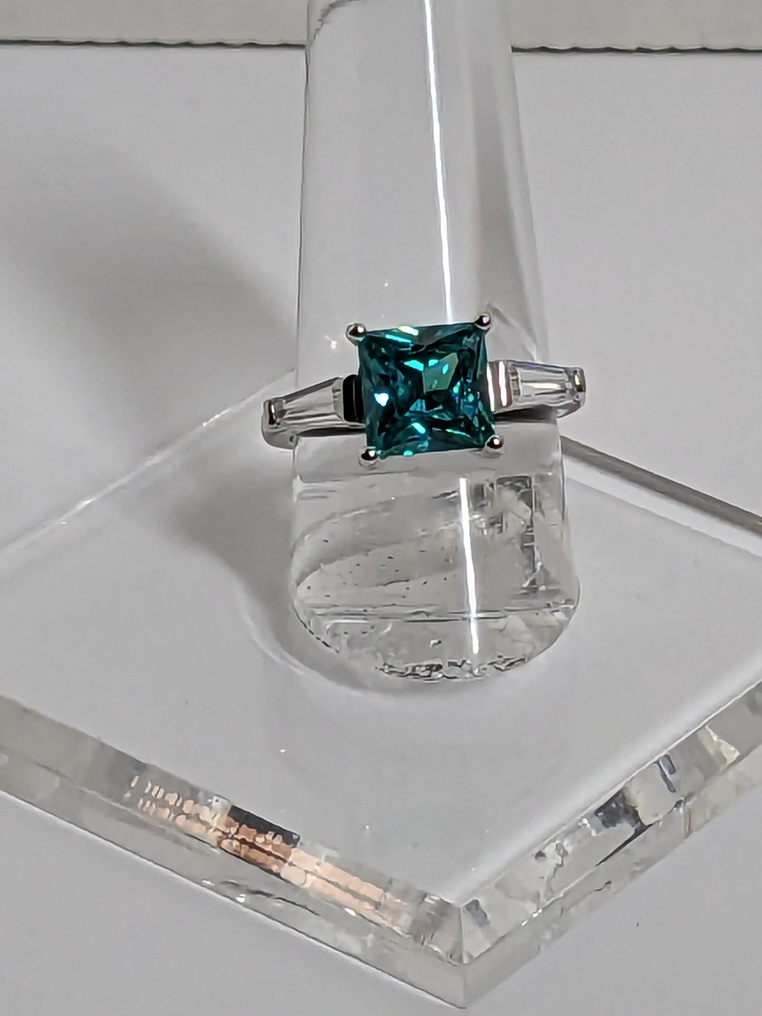 Classic Square Princess Cut 3ct Blue Paraiba Tourmaline aka Deep Teal aka Turquoise Ring with triangular Zircon side accents