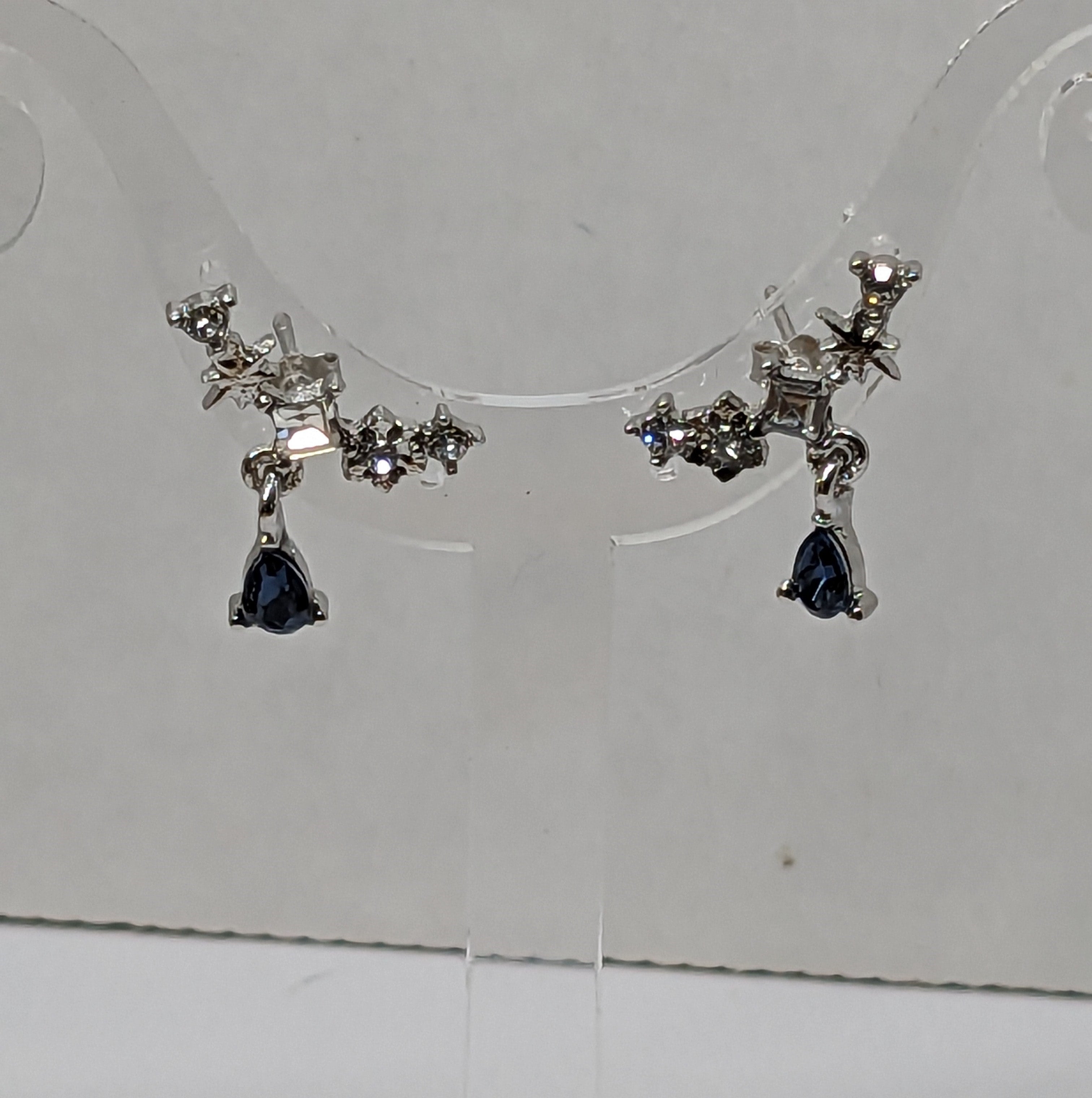 Blue Iolite Pear Dangle Earrings with Zircon Gemstone Crescent Studs
