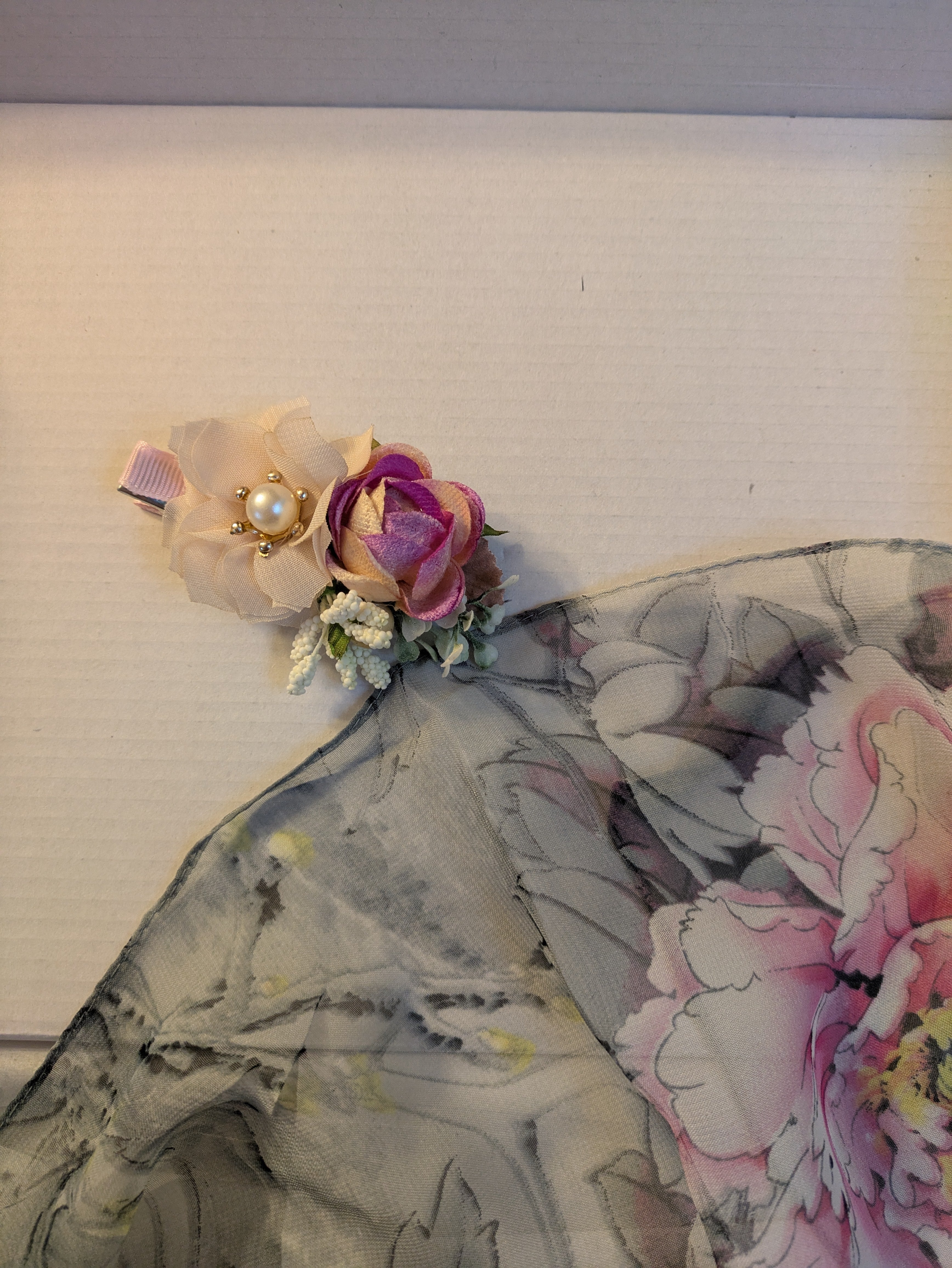Gray Scarf with Pink Peonies, Hair Clip, 1ct Necklace, Perfume Sample - Bundle E