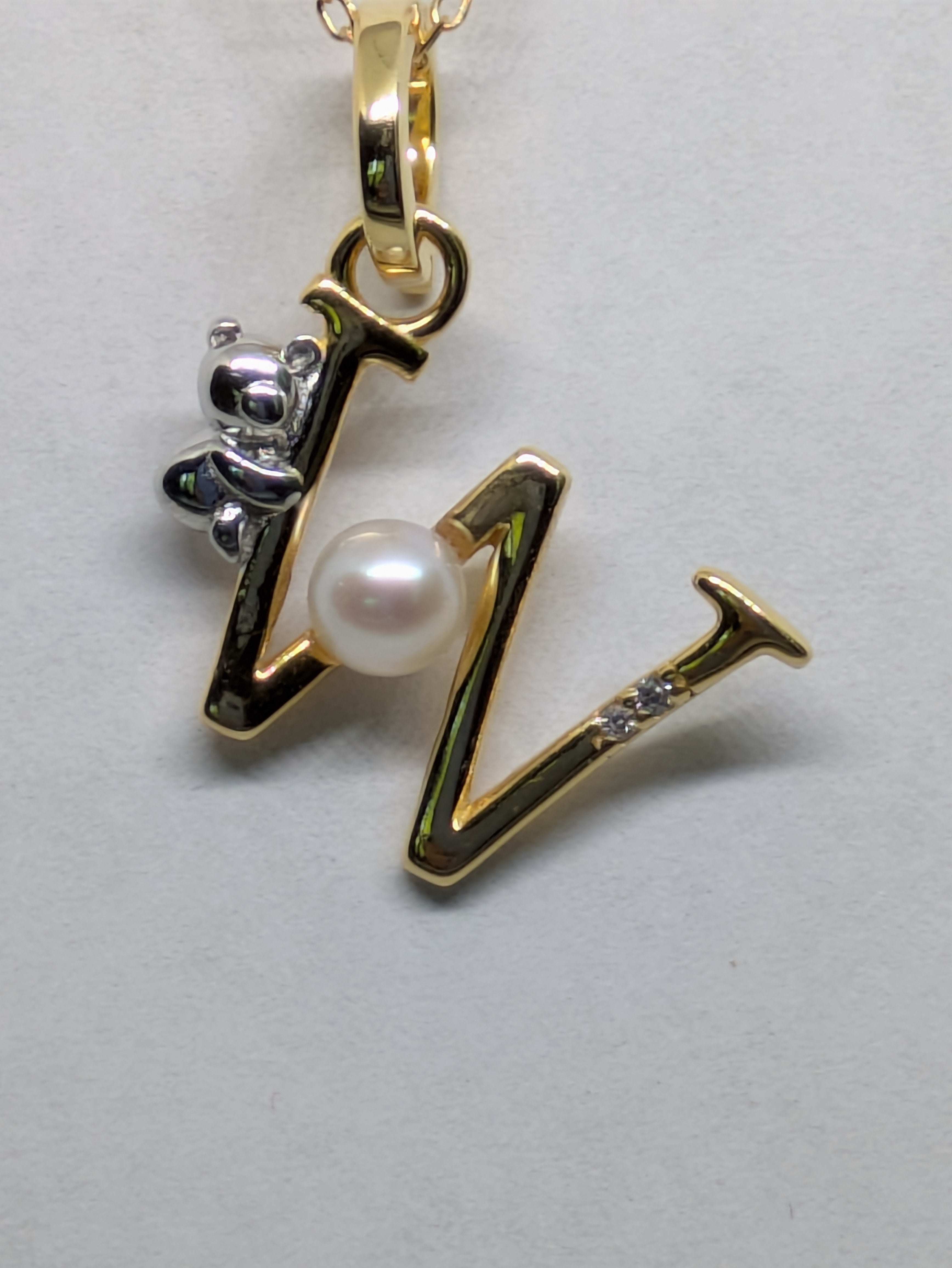 Pearl Initial Necklace with Baby Bear Whimsy Sterling Silver 18kt Gold Letter A-Z Available
