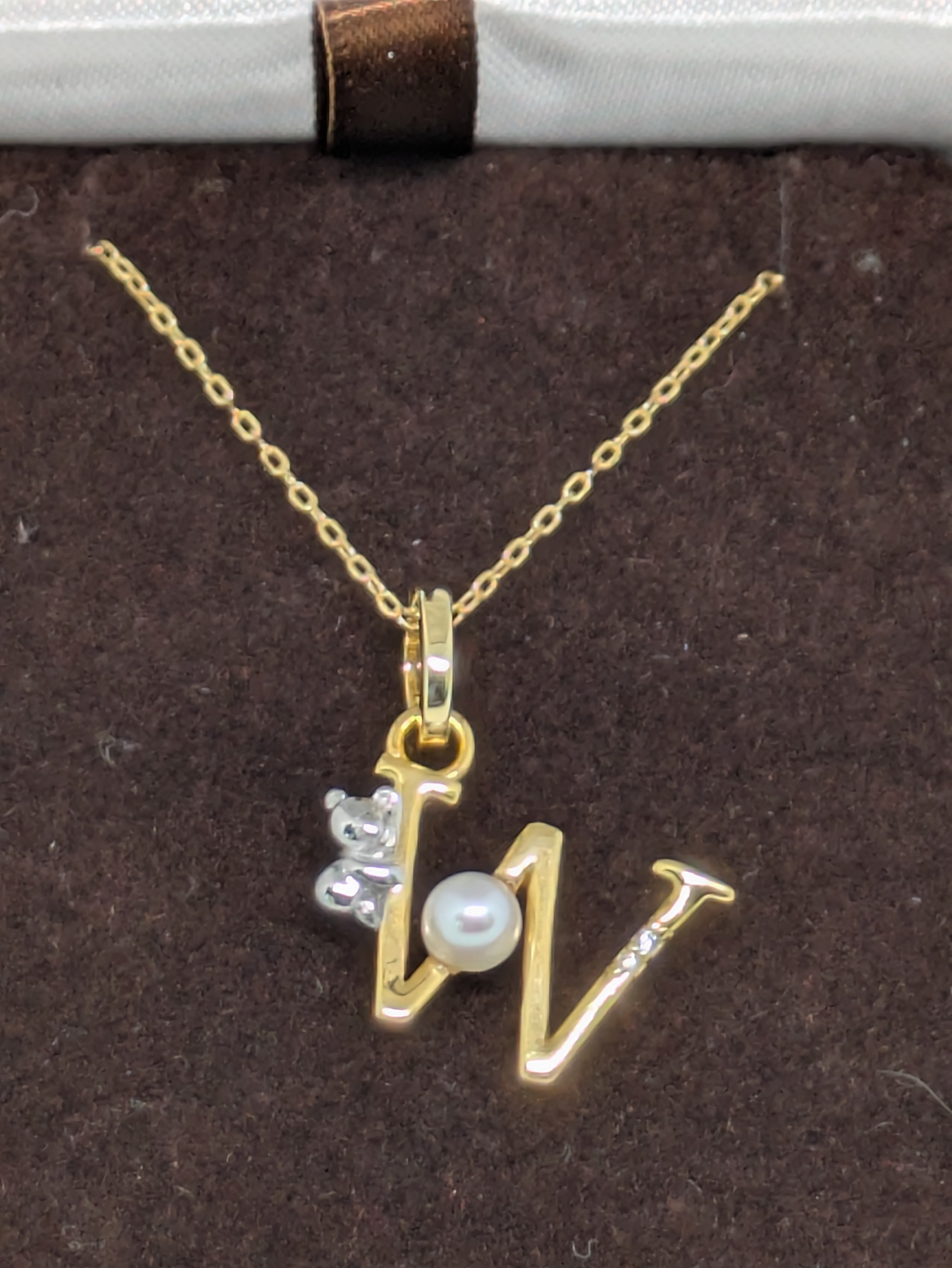 Pearl Initial Necklace with Baby Bear Whimsy Sterling Silver 18kt Gold Letter A-Z Available