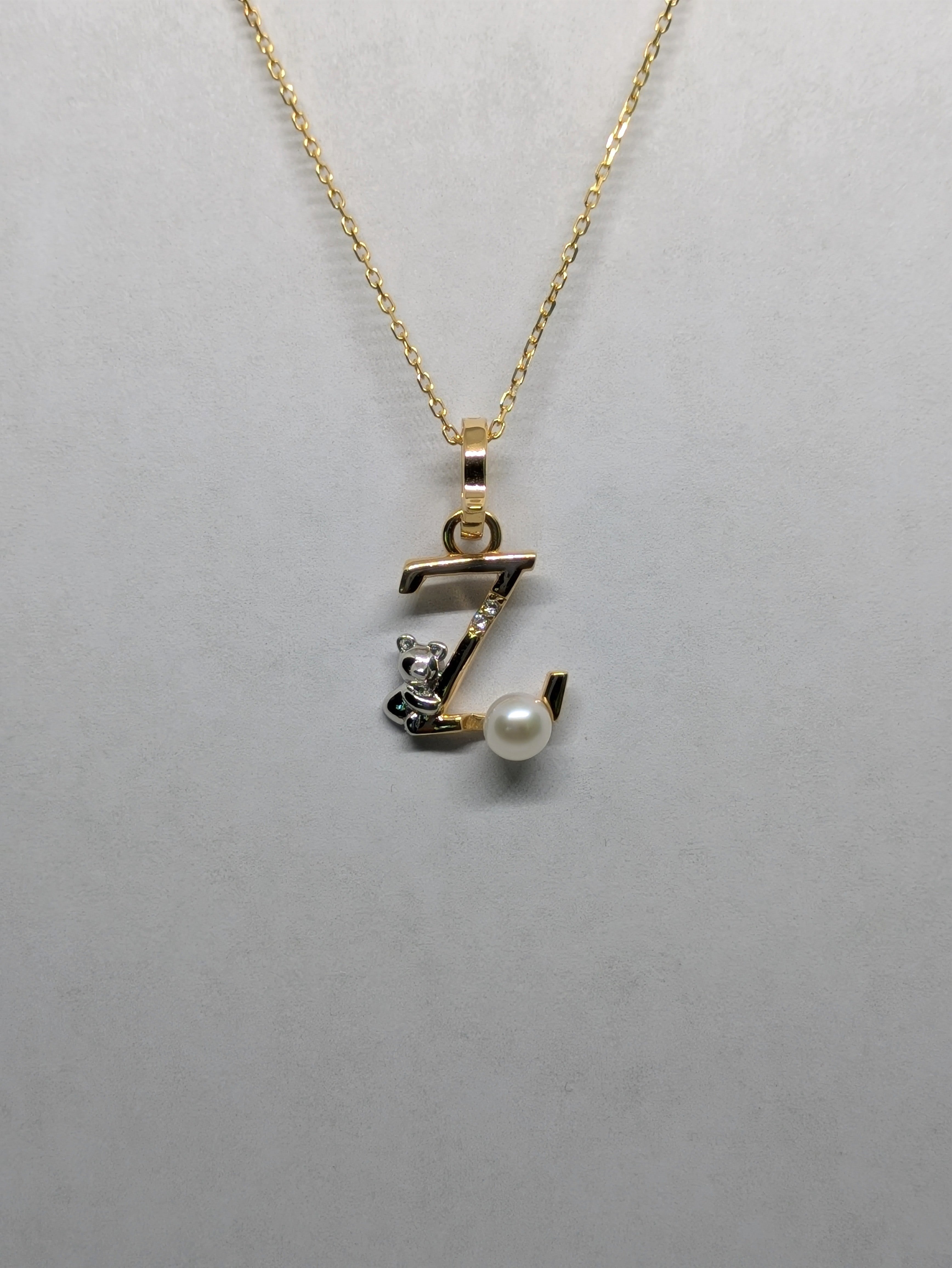 Pearl Initial Necklace with Baby Bear Whimsy Sterling Silver 18kt Gold Letter A-Z Available