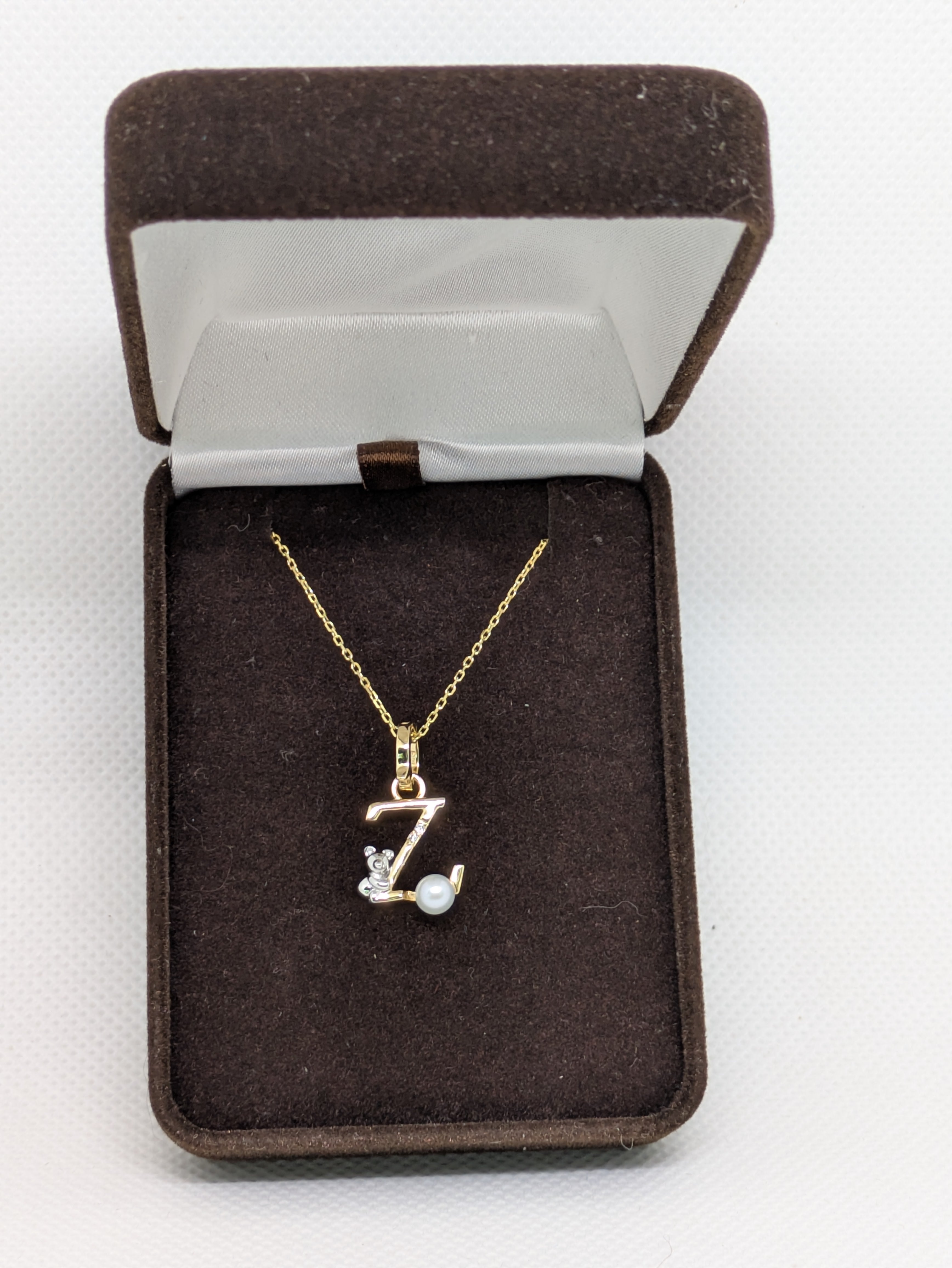 Pearl Initial Necklace with Baby Bear Whimsy Sterling Silver 18kt Gold Letter A-Z Available