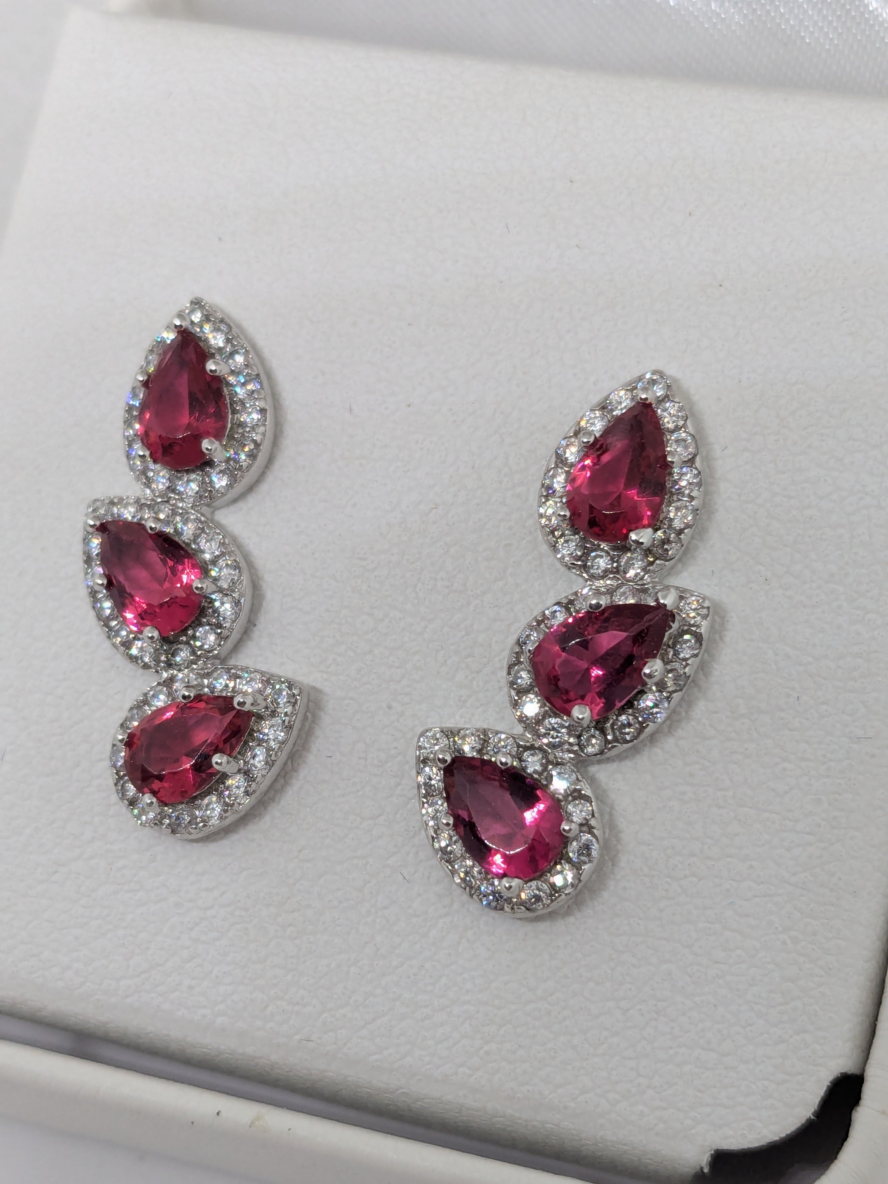 Cascading Triple Stone Ruby and White Topaz Post Back Earrings