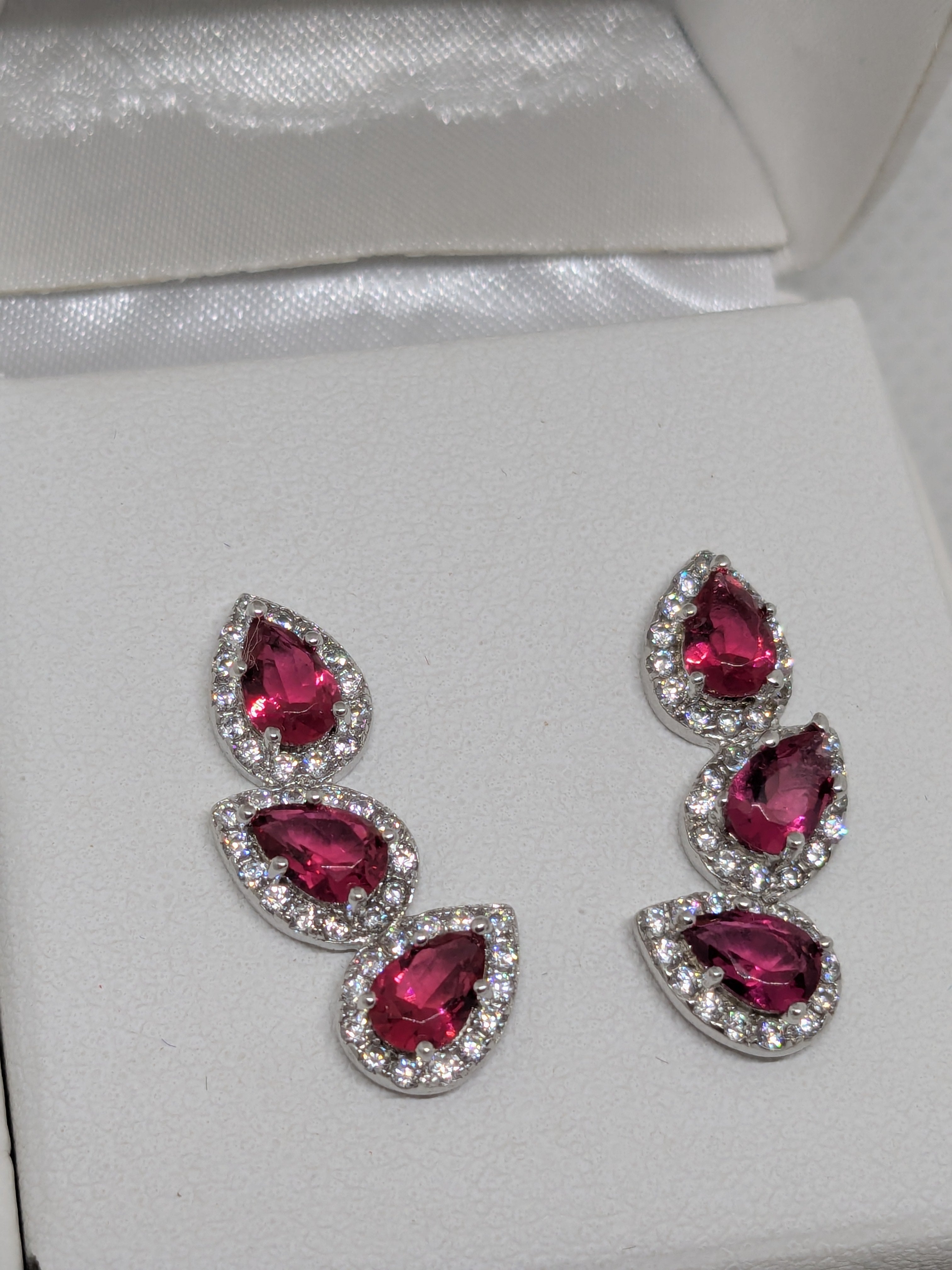 Cascading Triple Stone Ruby and White Topaz Post Back Earrings