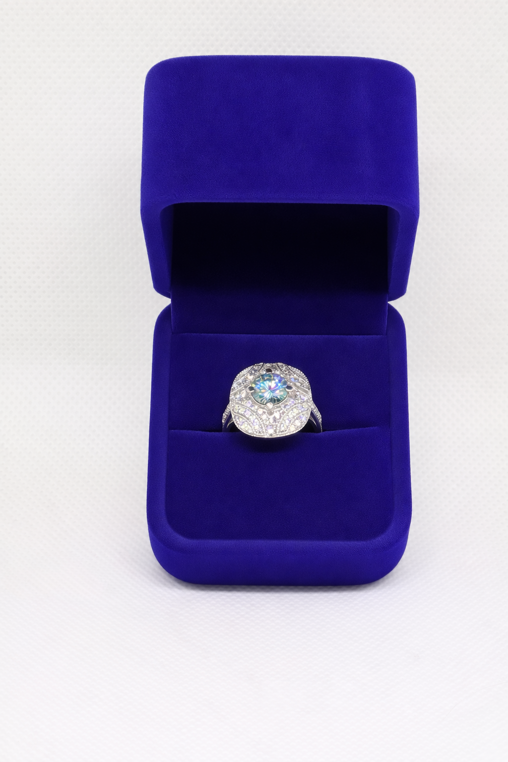 Rainbow‑Fire Moissanite Floral Leaf Pave Halo Ring 1cttw – Sterling Silver size 6