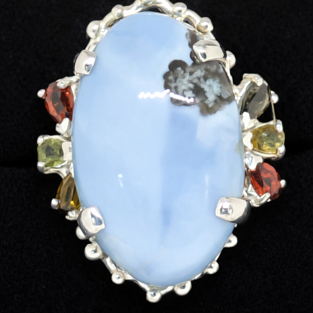 Natural Blue Opal 18.30ct Gemstone Ring with Tourmaline, Garnet, Amethyst & Smoky Topaz Accents | Sterling Silver | Gift‑Ready