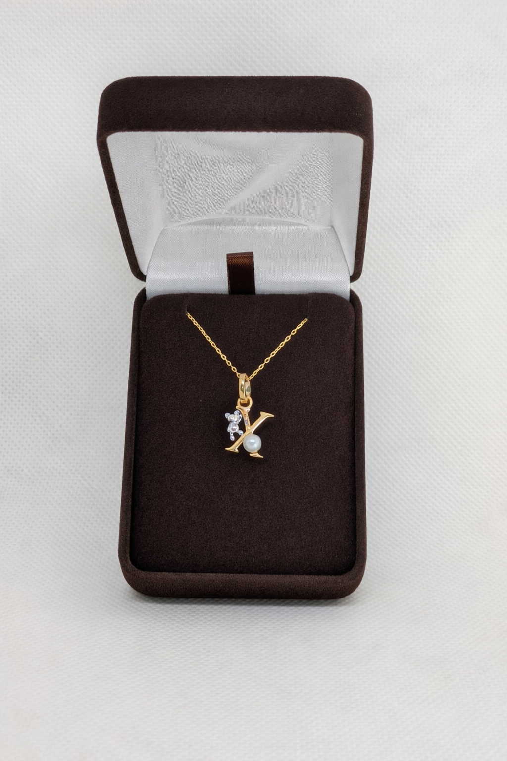Pearl Initial Necklace with Baby Bear Whimsy Sterling Silver 18kt Gold Letter A-Z Available