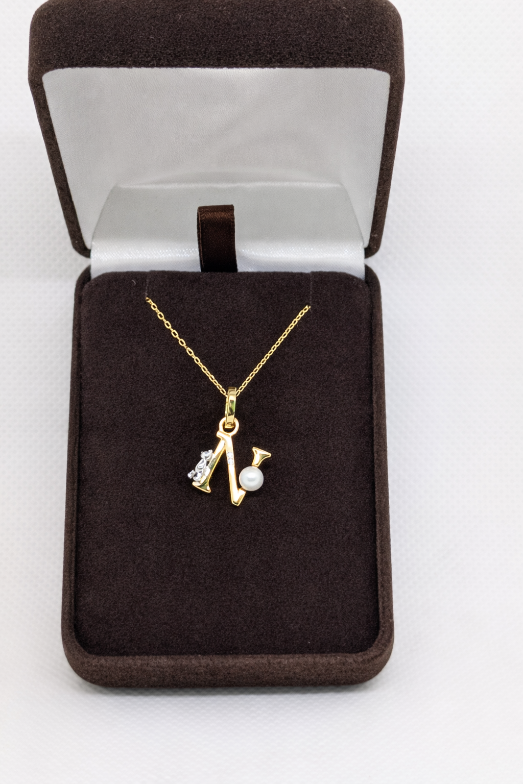 Pearl Initial Necklace with Baby Bear Whimsy Sterling Silver 18kt Gold Letter A-Z Available