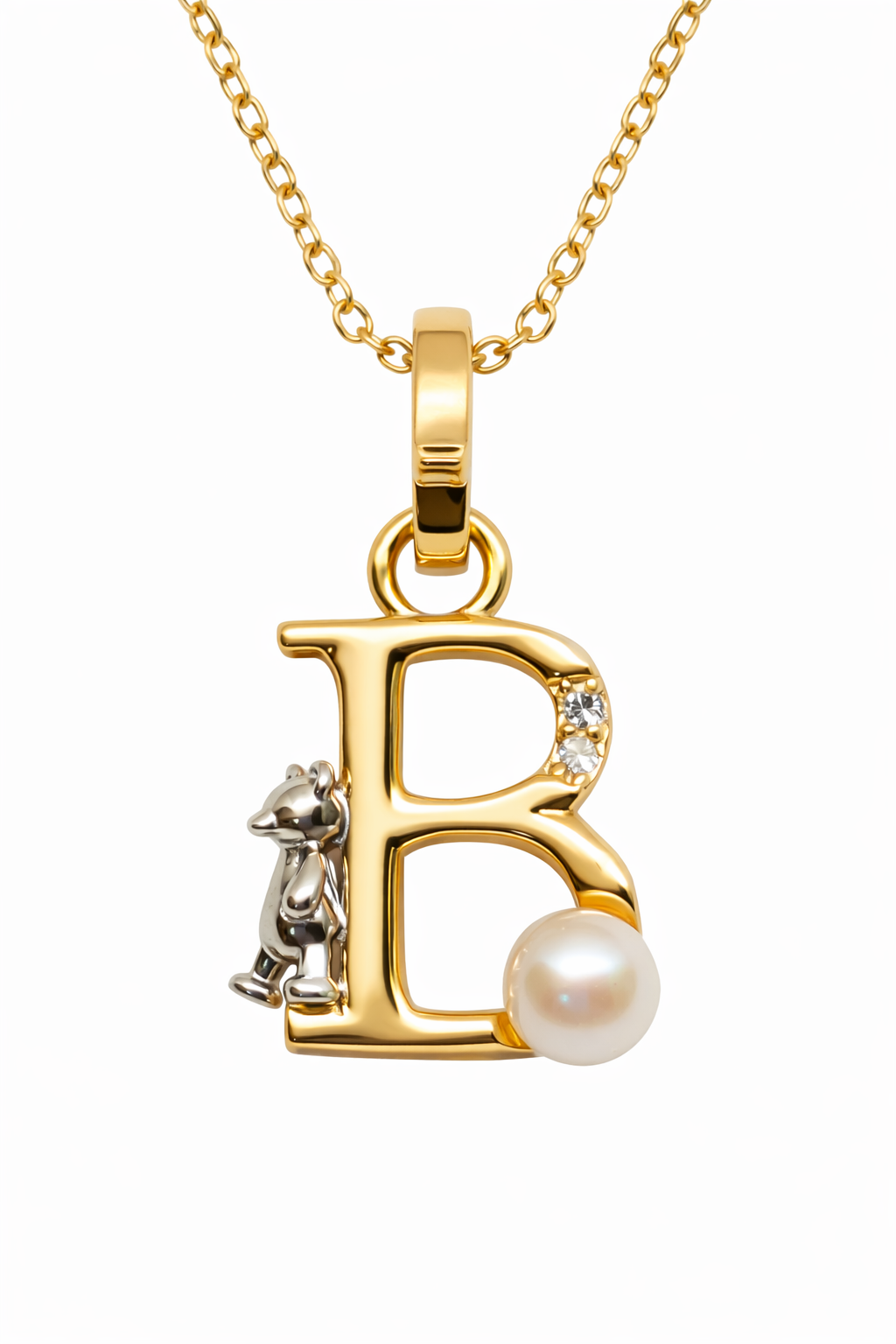 Pearl Initial Necklace with Baby Bear Whimsy Sterling Silver 18kt Gold Letter A-Z Available