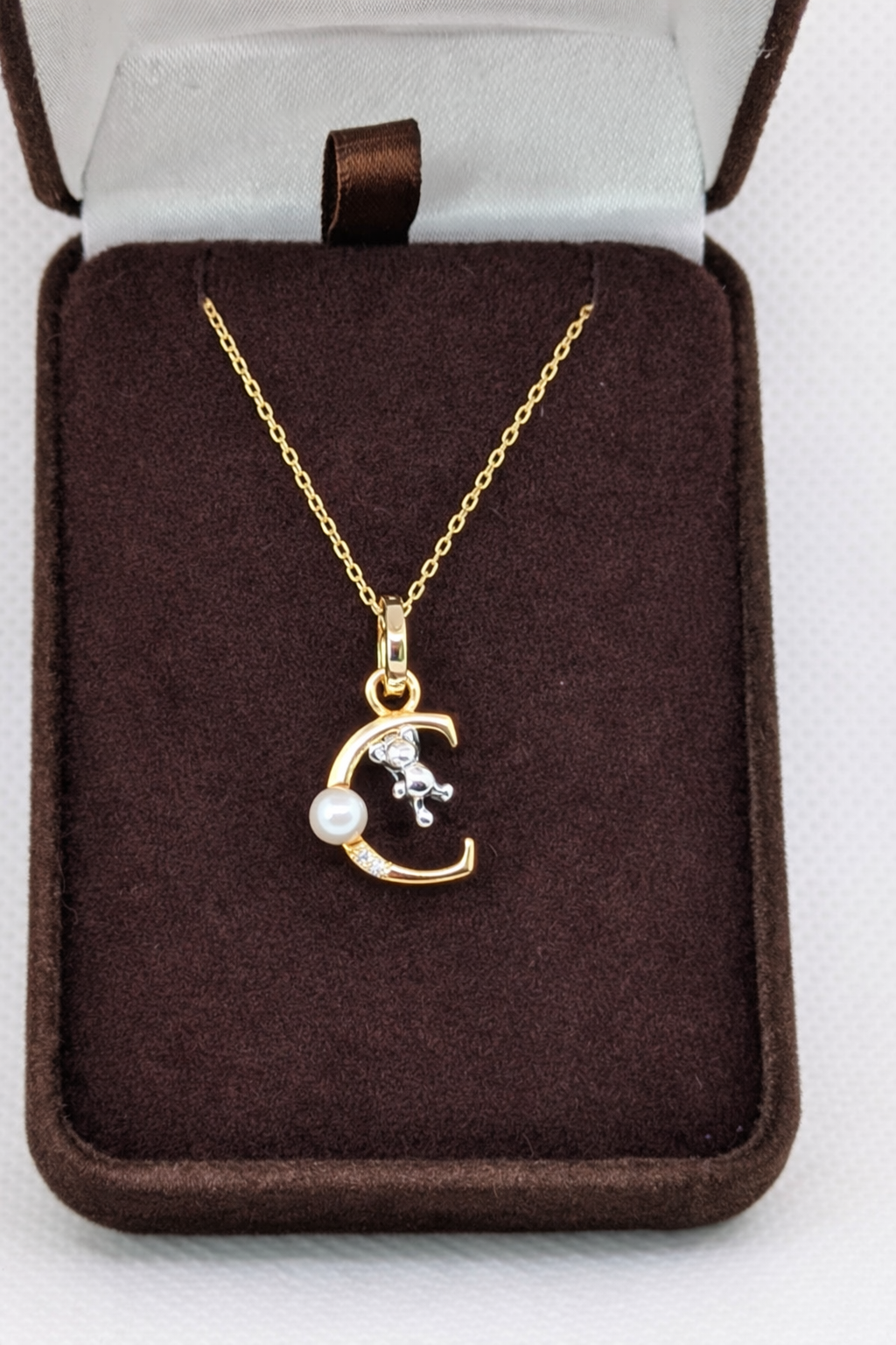 Pearl Initial Necklace with Baby Bear Whimsy Sterling Silver 18kt Gold Letter A-Z Available