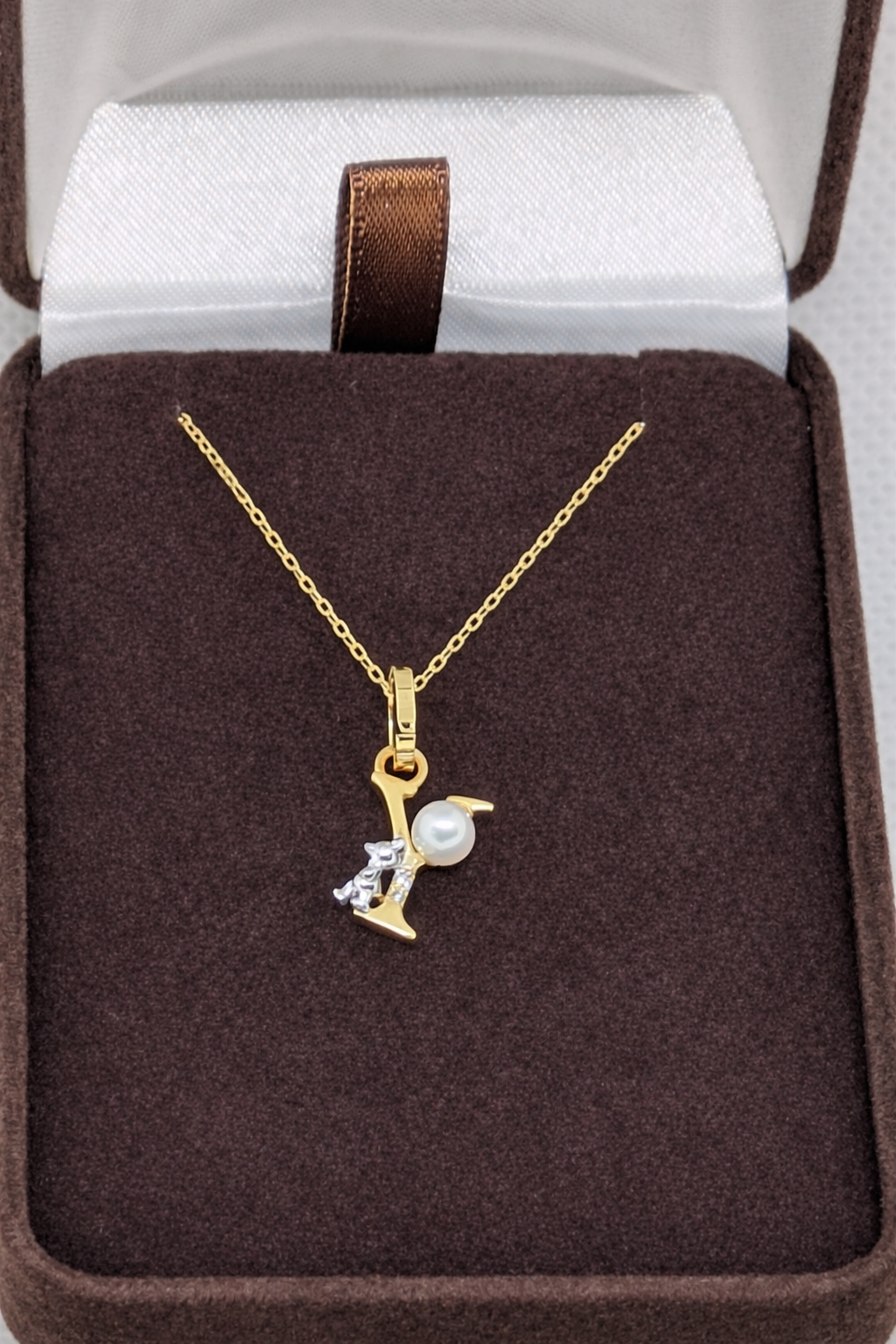 Pearl Initial Necklace with Baby Bear Whimsy Sterling Silver 18kt Gold Letter A-Z Available