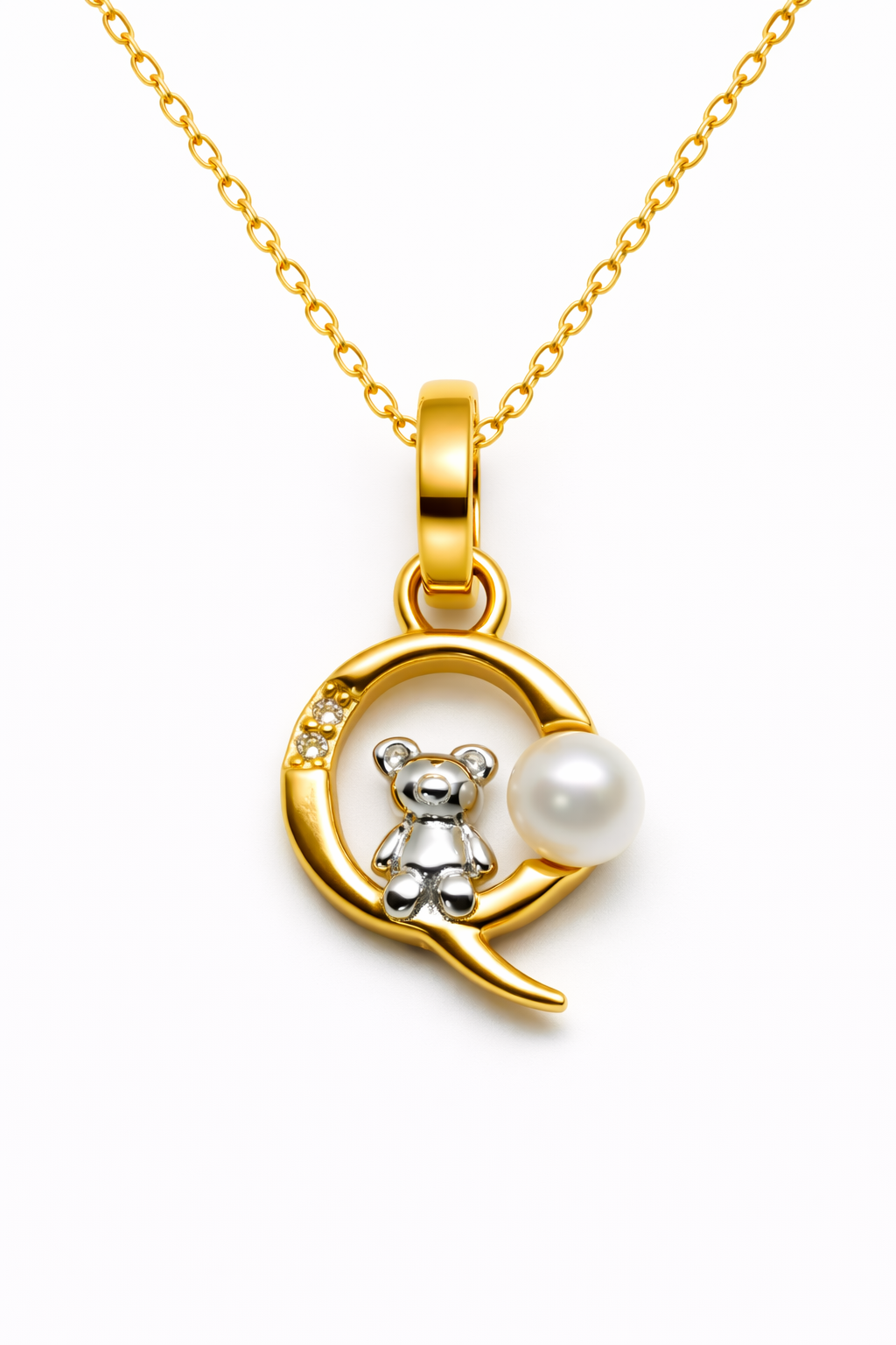 Pearl Initial Necklace with Baby Bear Whimsy Sterling Silver 18kt Gold Letter A-Z Available