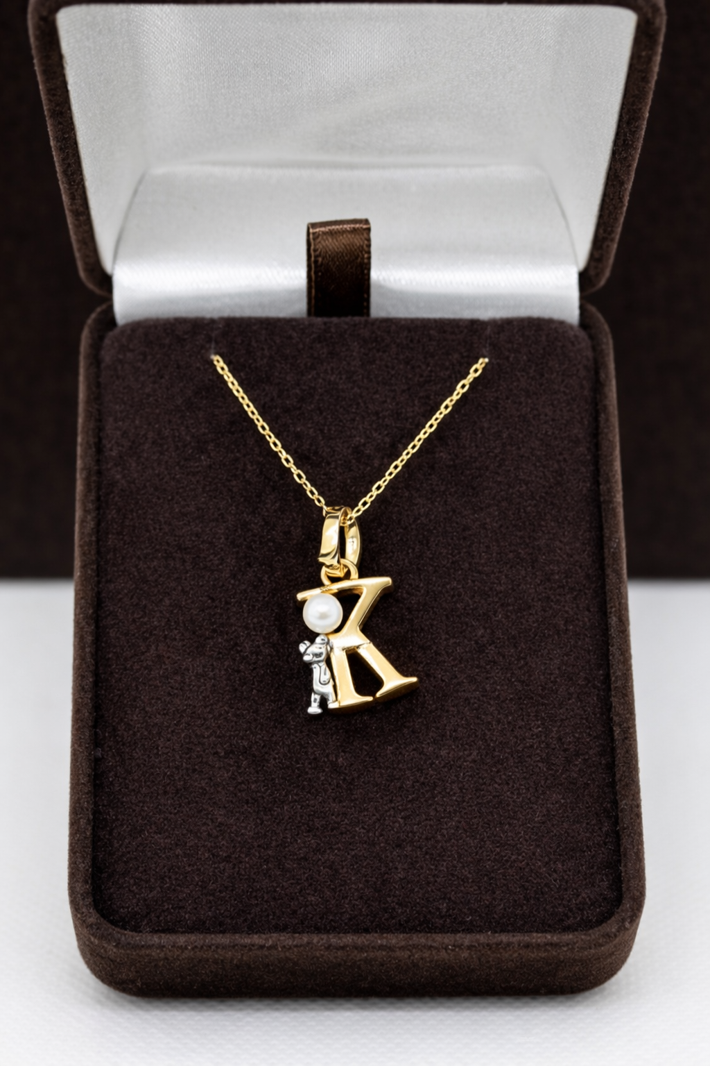 Pearl Initial Necklace with Baby Bear Whimsy Sterling Silver 18kt Gold Letter A-Z Available