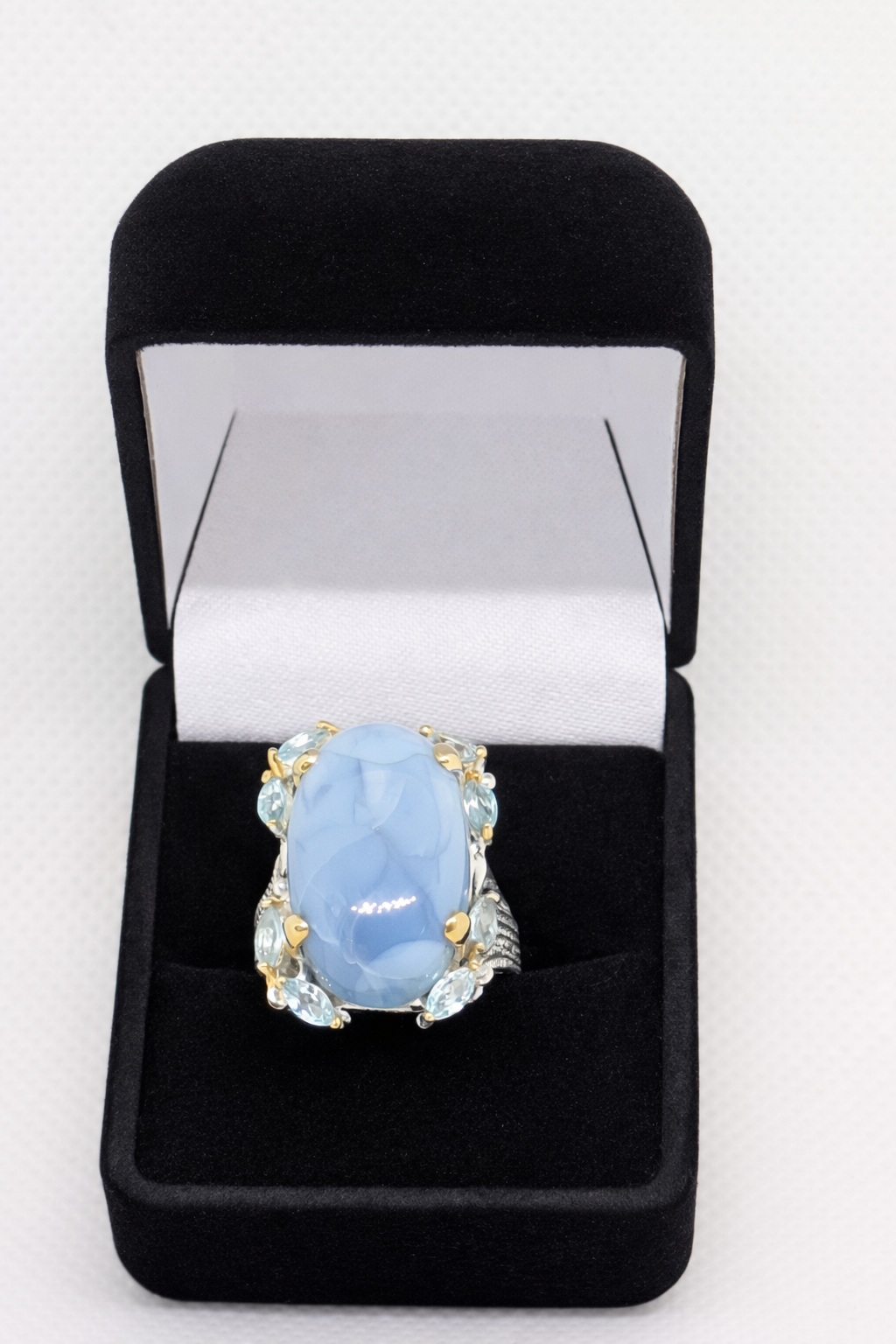 Natural Blue Opal & Topaz Ring • 14ct Cabochon • Sterling Silver with Gold Corners