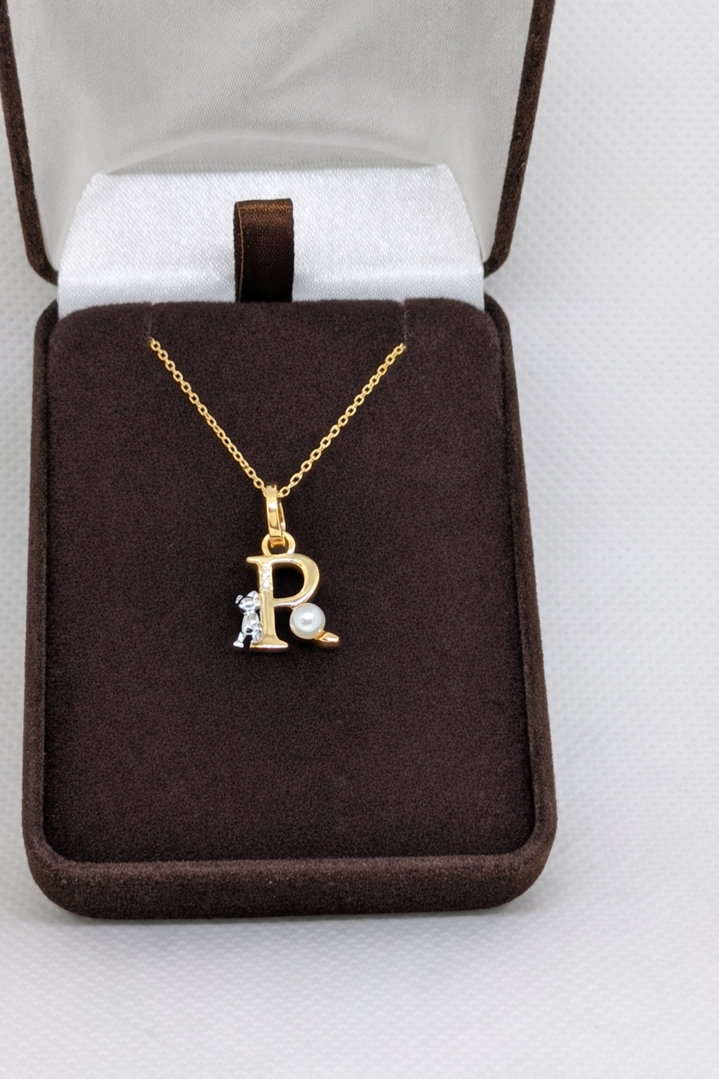 Pearl Initial Necklace with Baby Bear Whimsy Sterling Silver 18kt Gold Letter A-Z Available
