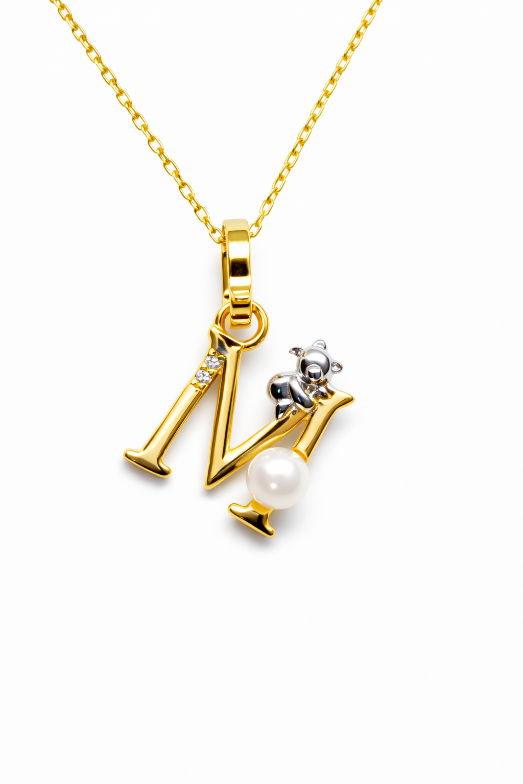 Pearl Initial Necklace with Baby Bear Whimsy Sterling Silver 18kt Gold Letter A-Z Available