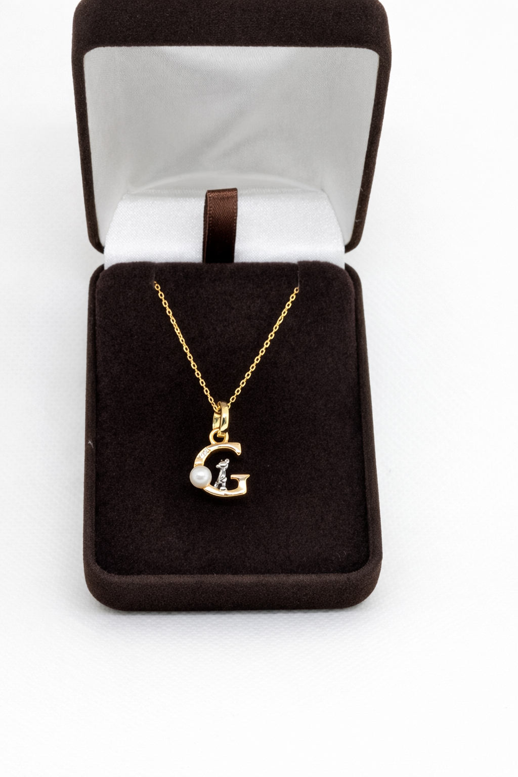 Pearl Initial Necklace with Baby Bear Whimsy Sterling Silver 18kt Gold Letter A-Z Available