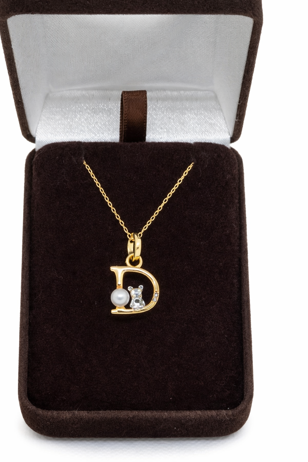 Pearl Initial Necklace with Baby Bear Whimsy Sterling Silver 18kt Gold Letter A-Z Available