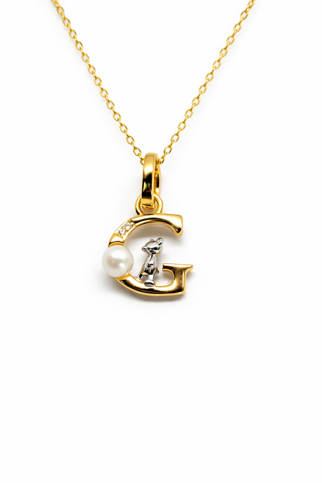 Pearl Initial Necklace with Baby Bear Whimsy Sterling Silver 18kt Gold Letter A-Z Available