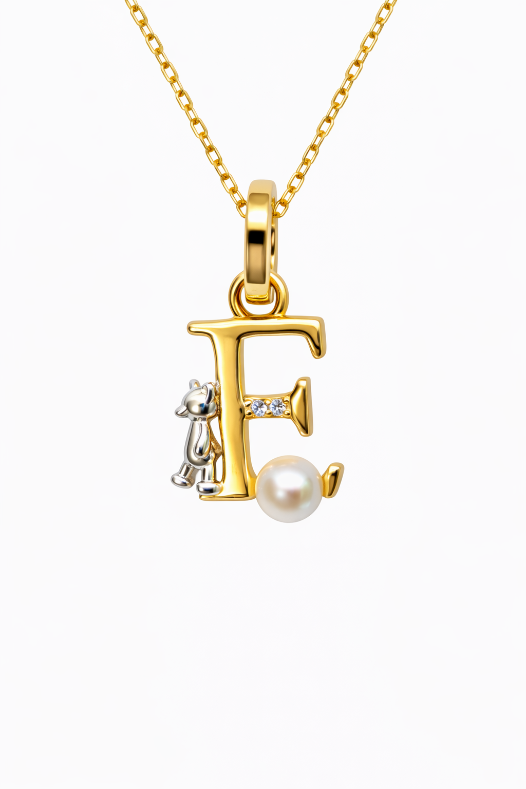 Pearl Initial Necklace with Baby Bear Whimsy Sterling Silver 18kt Gold Letter A-Z Available