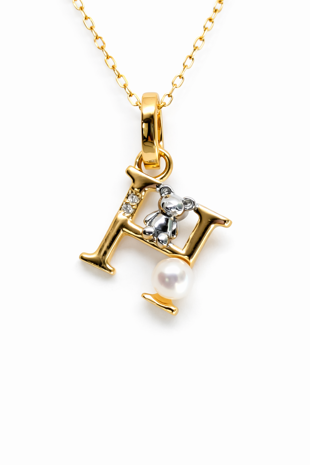 Pearl Initial Necklace with Baby Bear Whimsy Sterling Silver 18kt Gold Letter A-Z Available